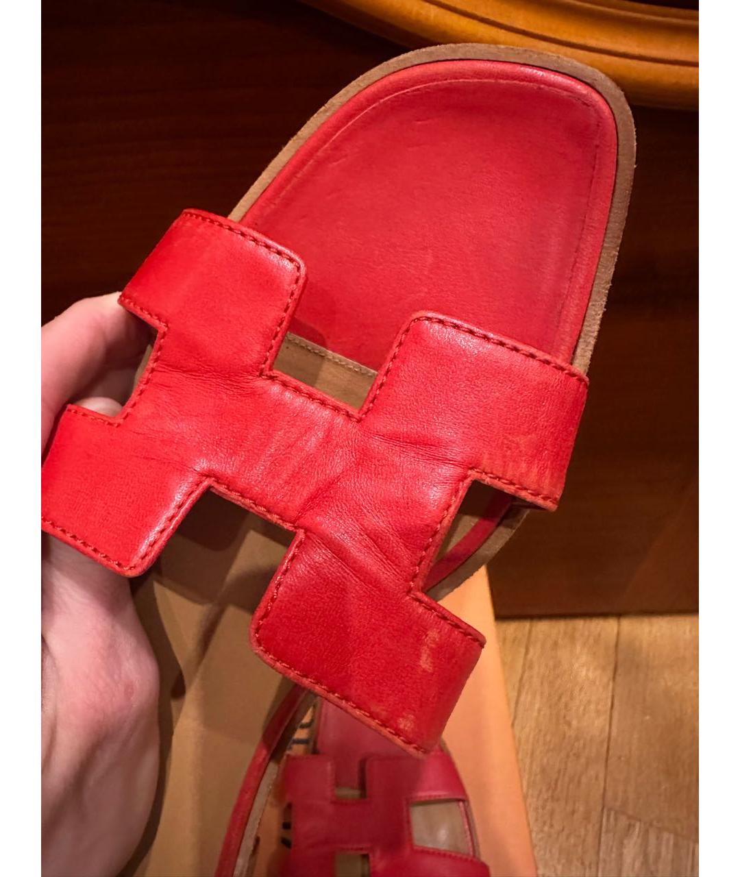 HERMES Красные кожаные шлепанцы, фото 8