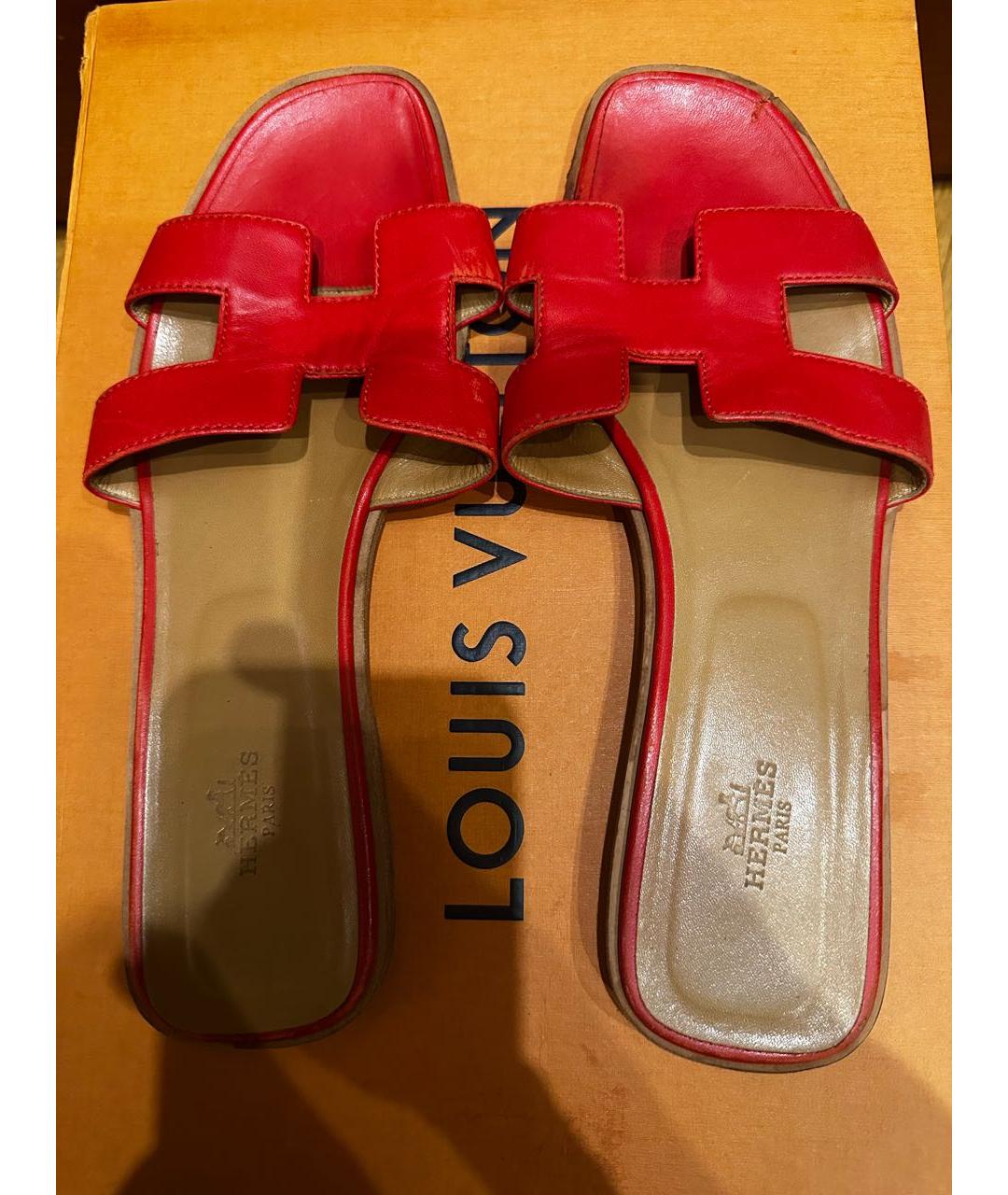 HERMES Красные кожаные шлепанцы, фото 3