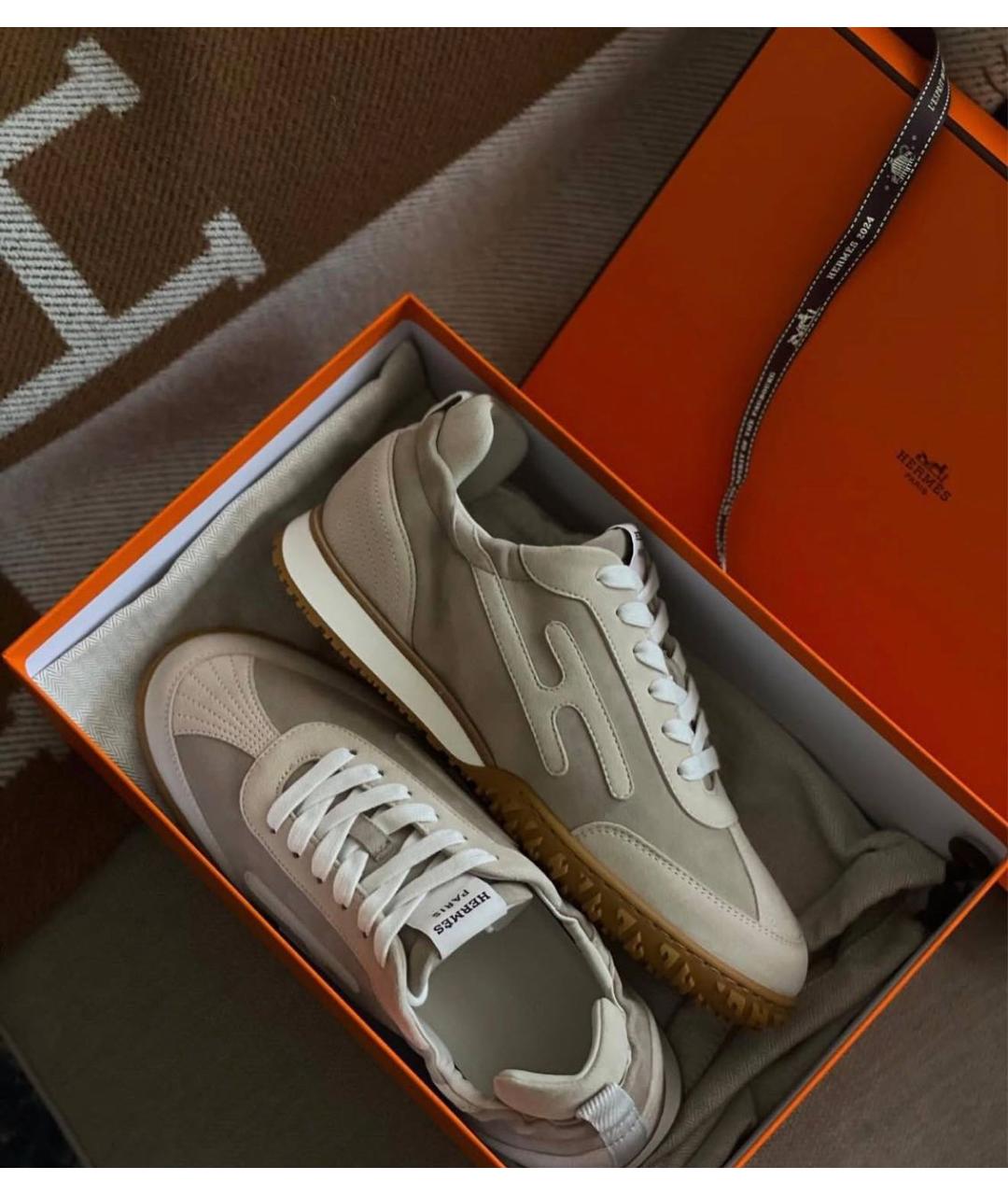 HERMES Бежевые замшевые низкие кроссовки / кеды, фото 7