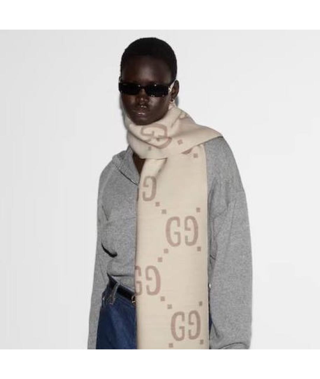 GUCCI Бежевый шерстяной шарф, фото 4