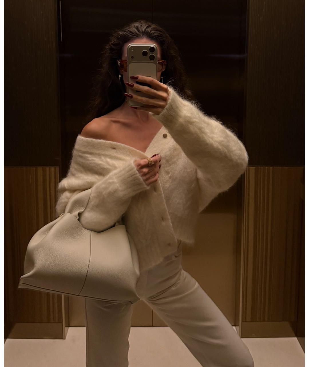 POLENE Бежевая кожаная сумка с короткими ручками, фото 4