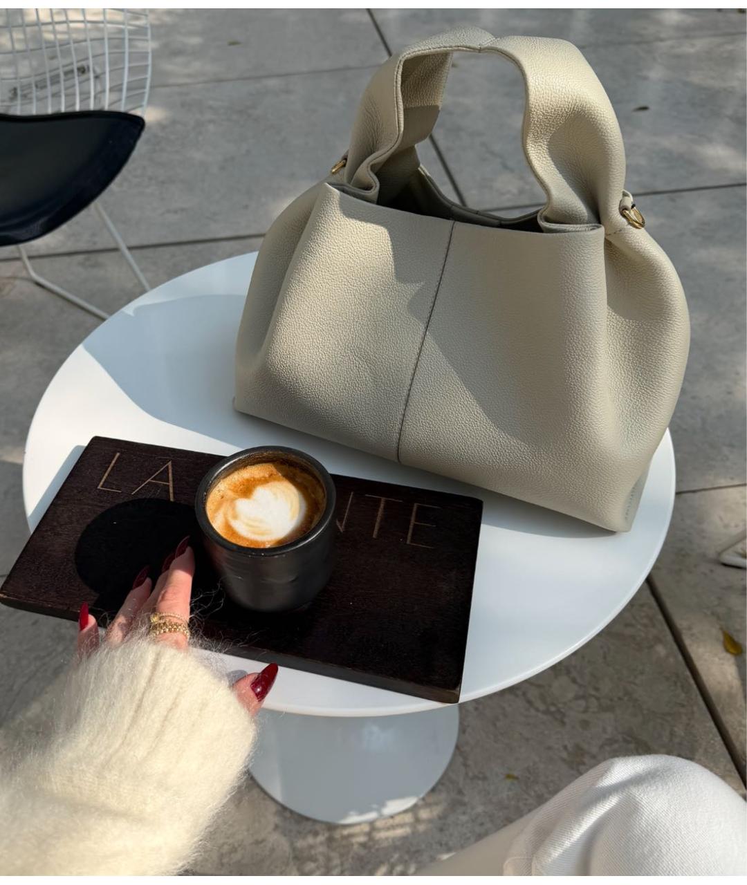 POLENE Бежевая кожаная сумка с короткими ручками, фото 7