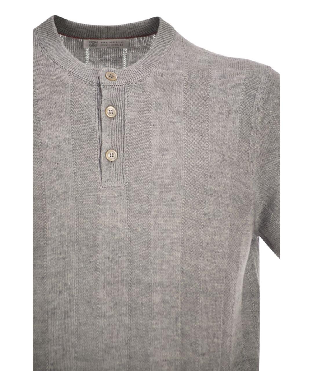 BRUNELLO CUCINELLI Серое хлопко-леновое поло с коротким рукавом, фото 4