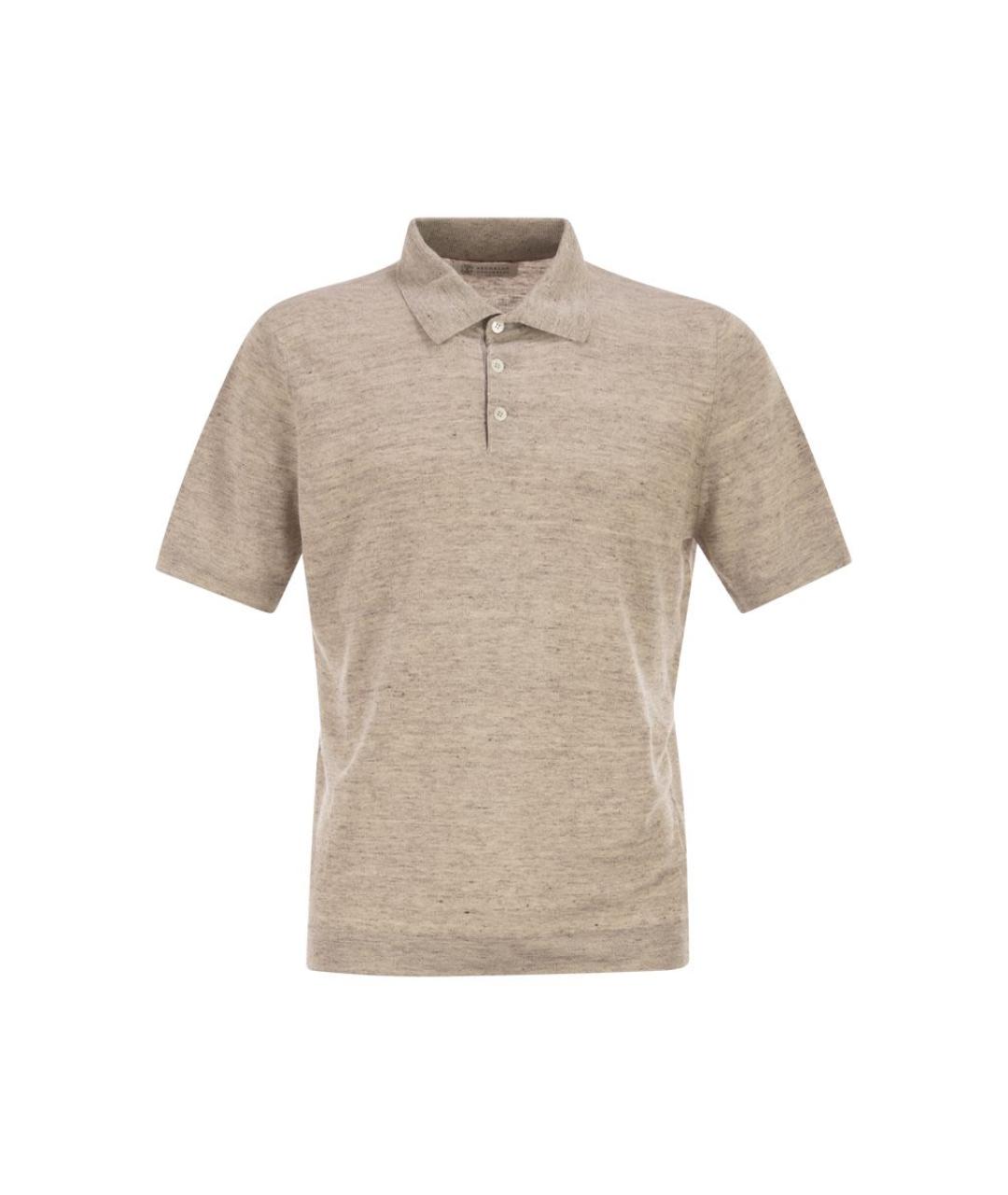 BRUNELLO CUCINELLI Бежевое хлопко-леновое поло с коротким рукавом, фото 1