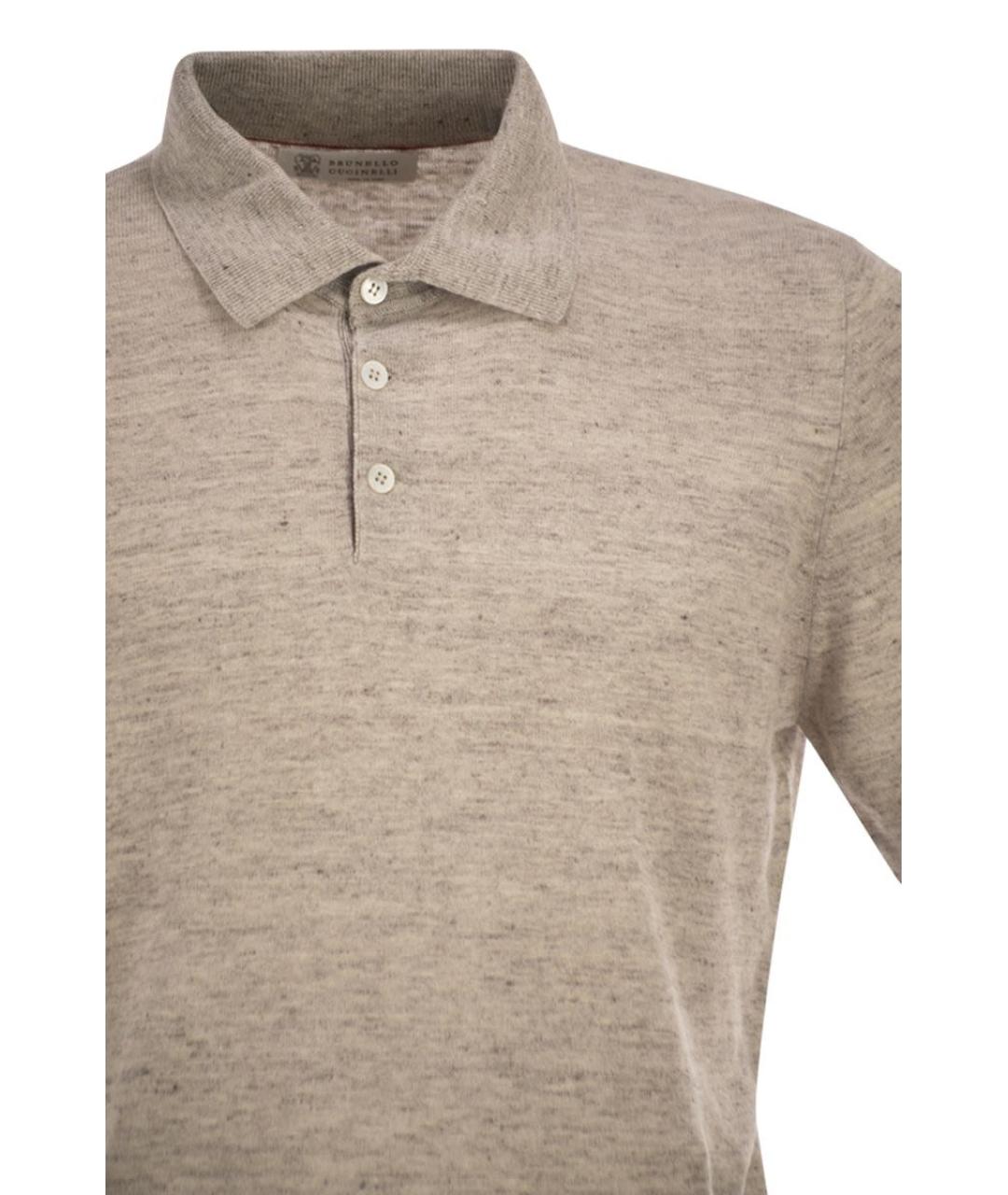 BRUNELLO CUCINELLI Бежевое хлопко-леновое поло с коротким рукавом, фото 4
