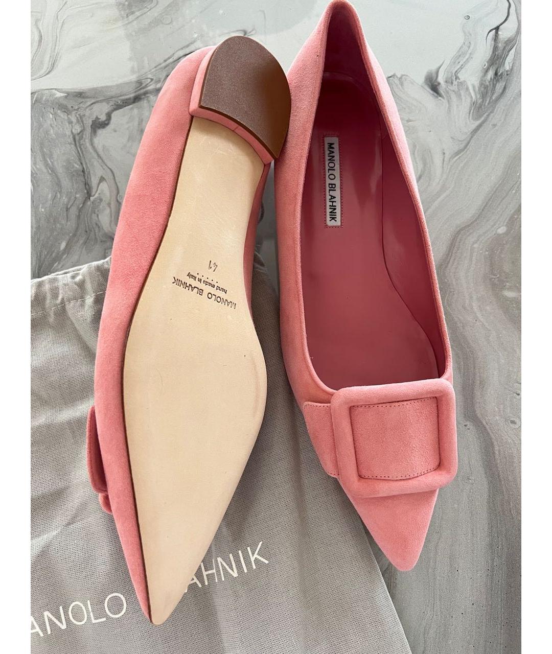 MANOLO BLAHNIK Розовые замшевые лодочки на низком каблуке, фото 4
