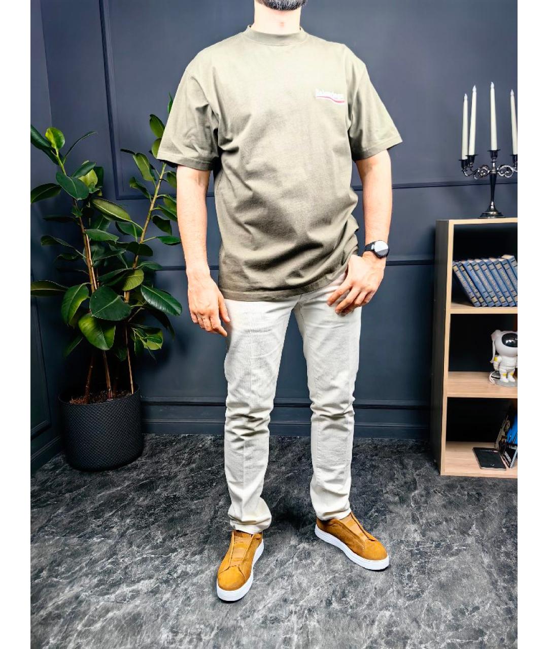 BALENCIAGA Хаки хлопковая футболка, фото 5