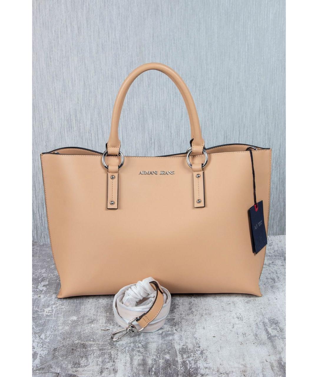 ARMANI JEANS Бежевая кожаная сумка с короткими ручками, фото 5