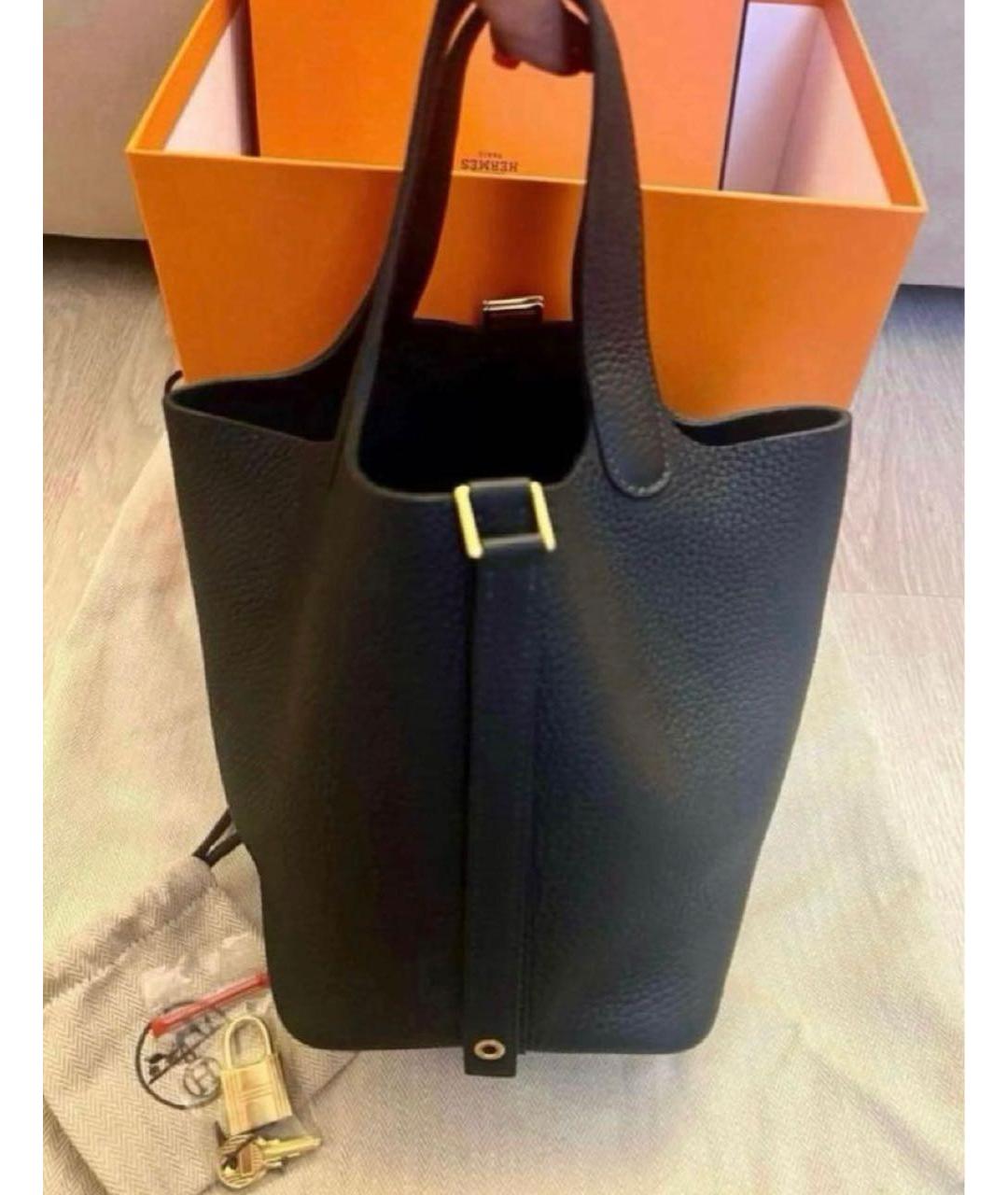 HERMES Темно-синяя кожаная сумка с короткими ручками, фото 3