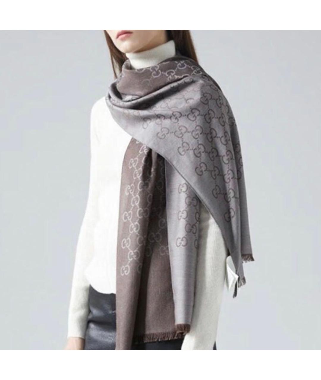 GUCCI Серый шелковый шарф, фото 3