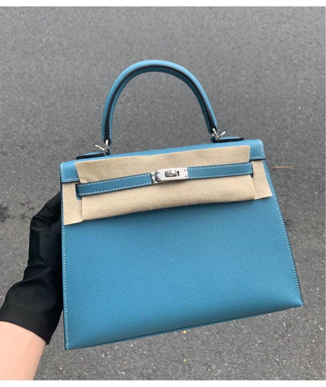 HERMES Голубая кожаная сумка с короткими ручками, фото 6