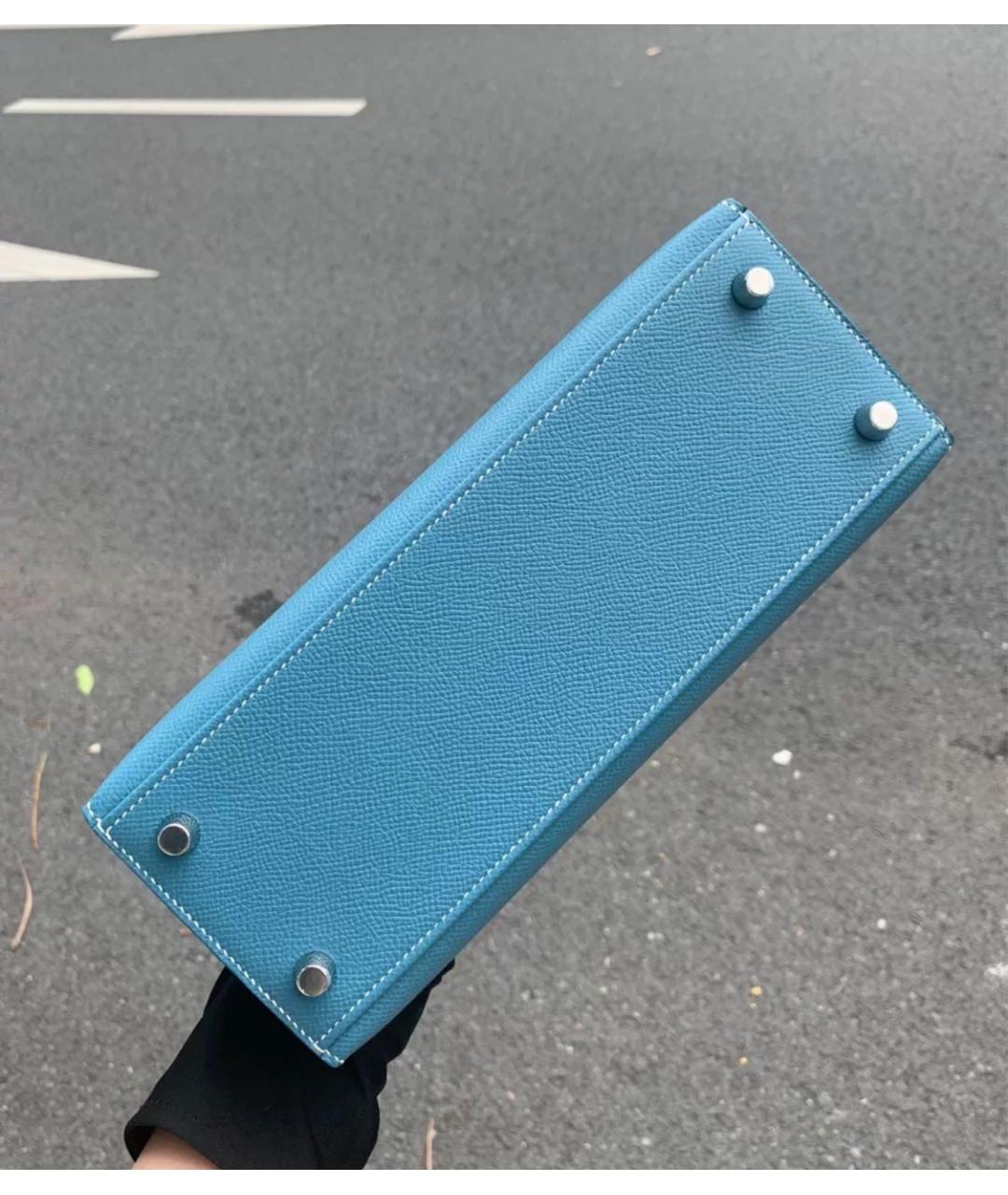 HERMES Голубая кожаная сумка с короткими ручками, фото 5