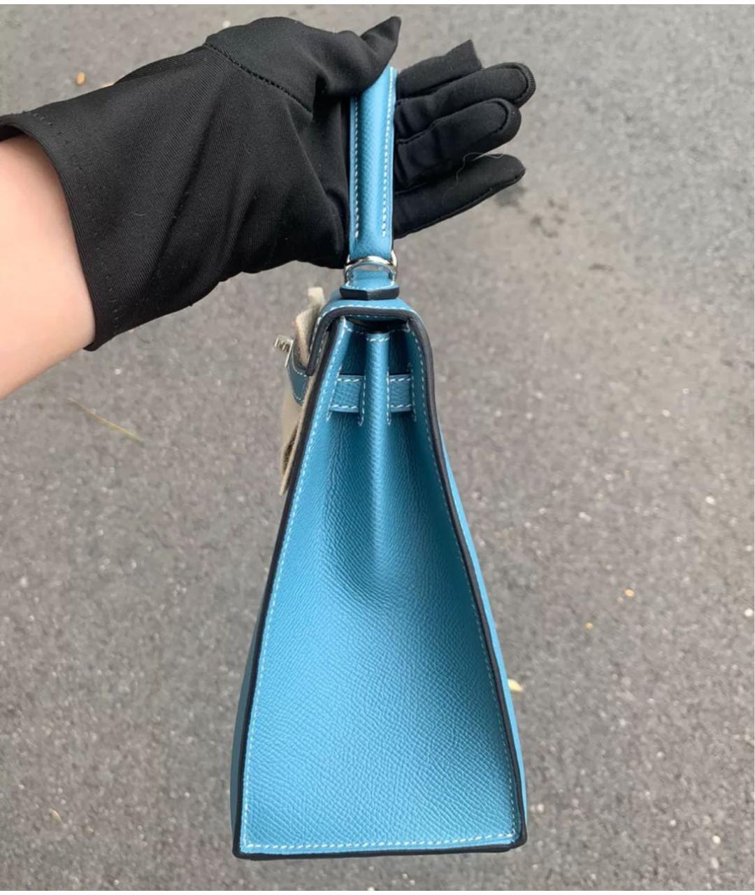 HERMES Голубая кожаная сумка с короткими ручками, фото 4