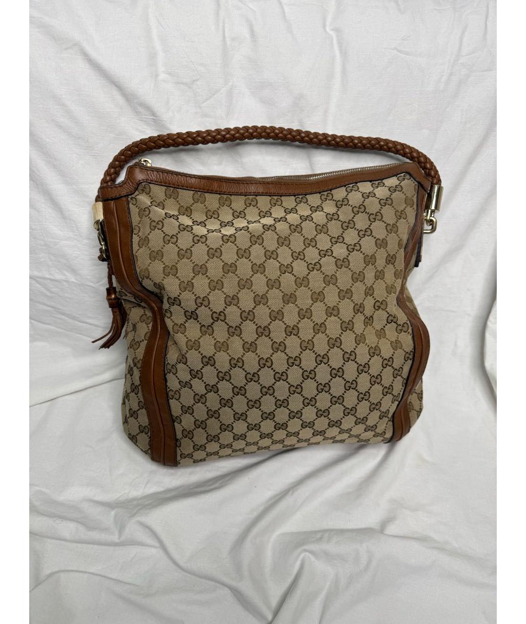 GUCCI Коричневая тканевая сумка с короткими ручками, фото 2