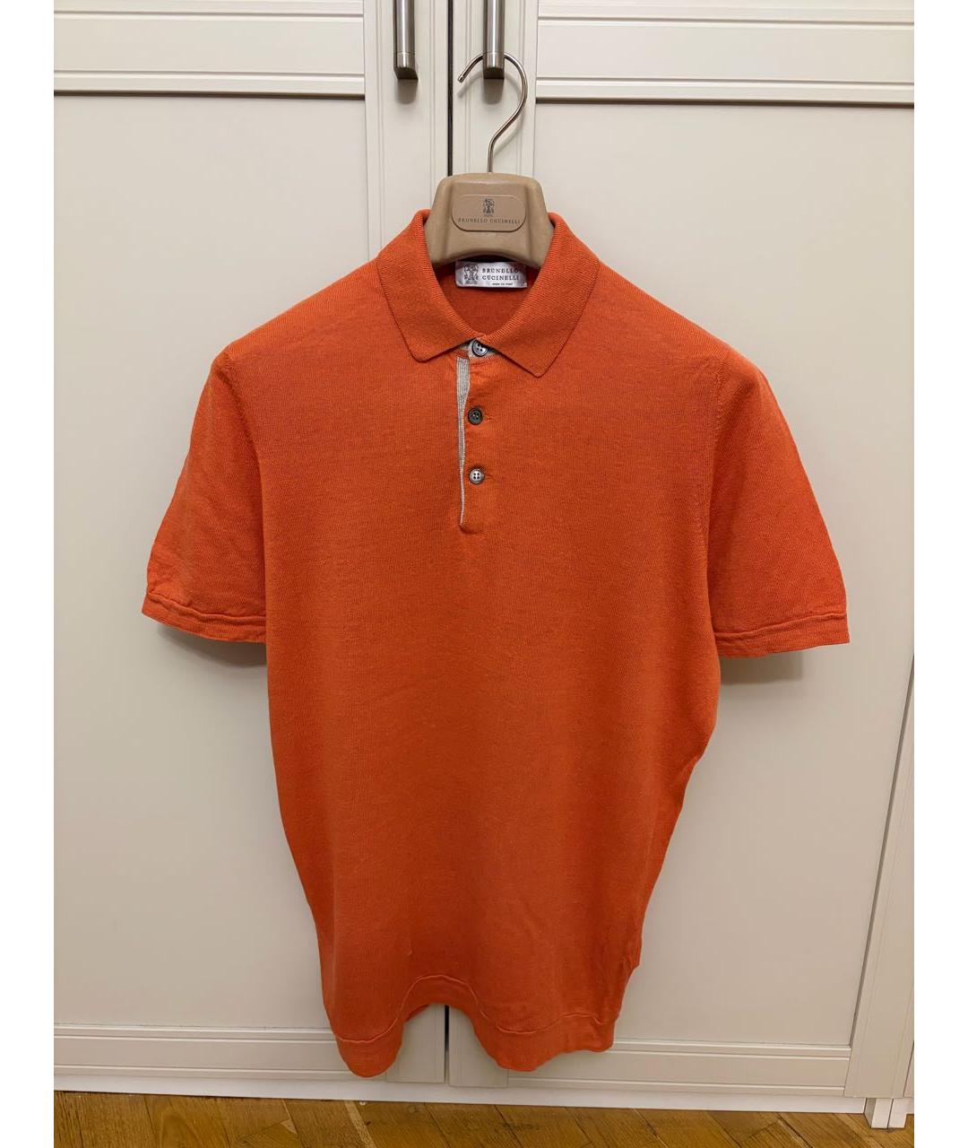 BRUNELLO CUCINELLI Оранжевое хлопко-леновое поло с коротким рукавом, фото 6