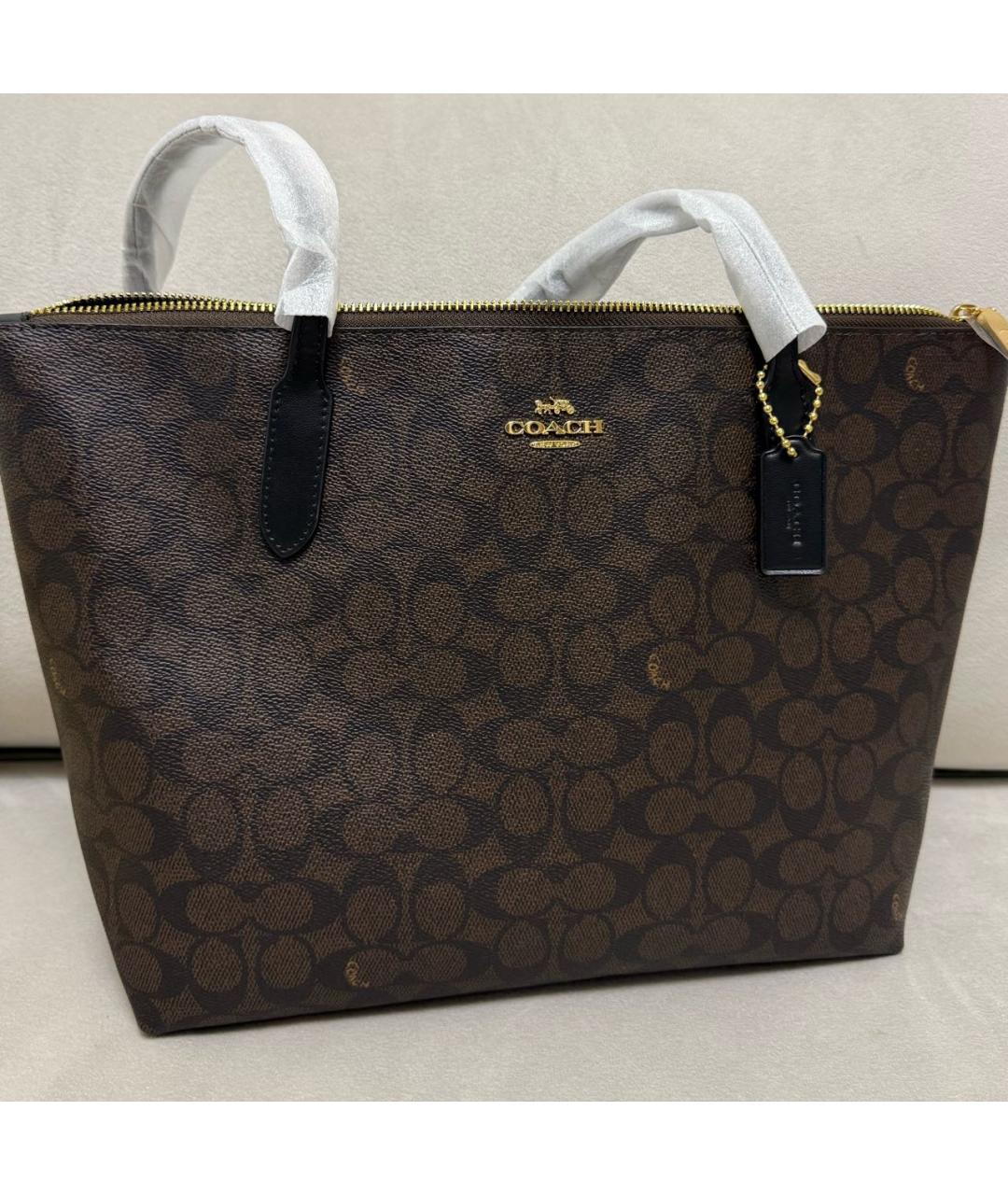 COACH Коричневая кожаная сумка с короткими ручками, фото 3