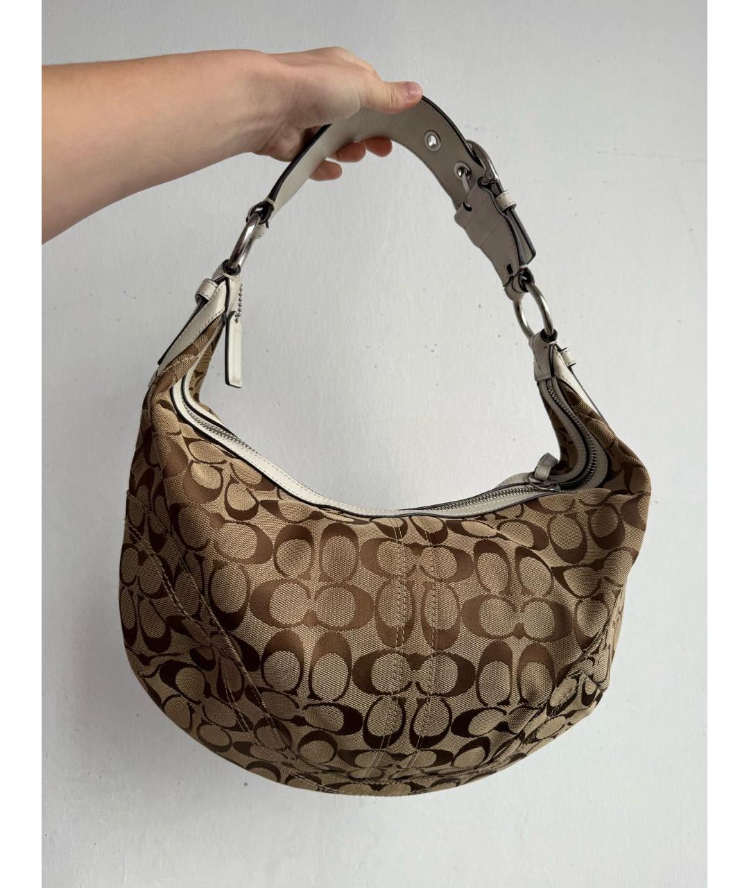 COACH Коричневая тканевая сумка с короткими ручками, фото 5