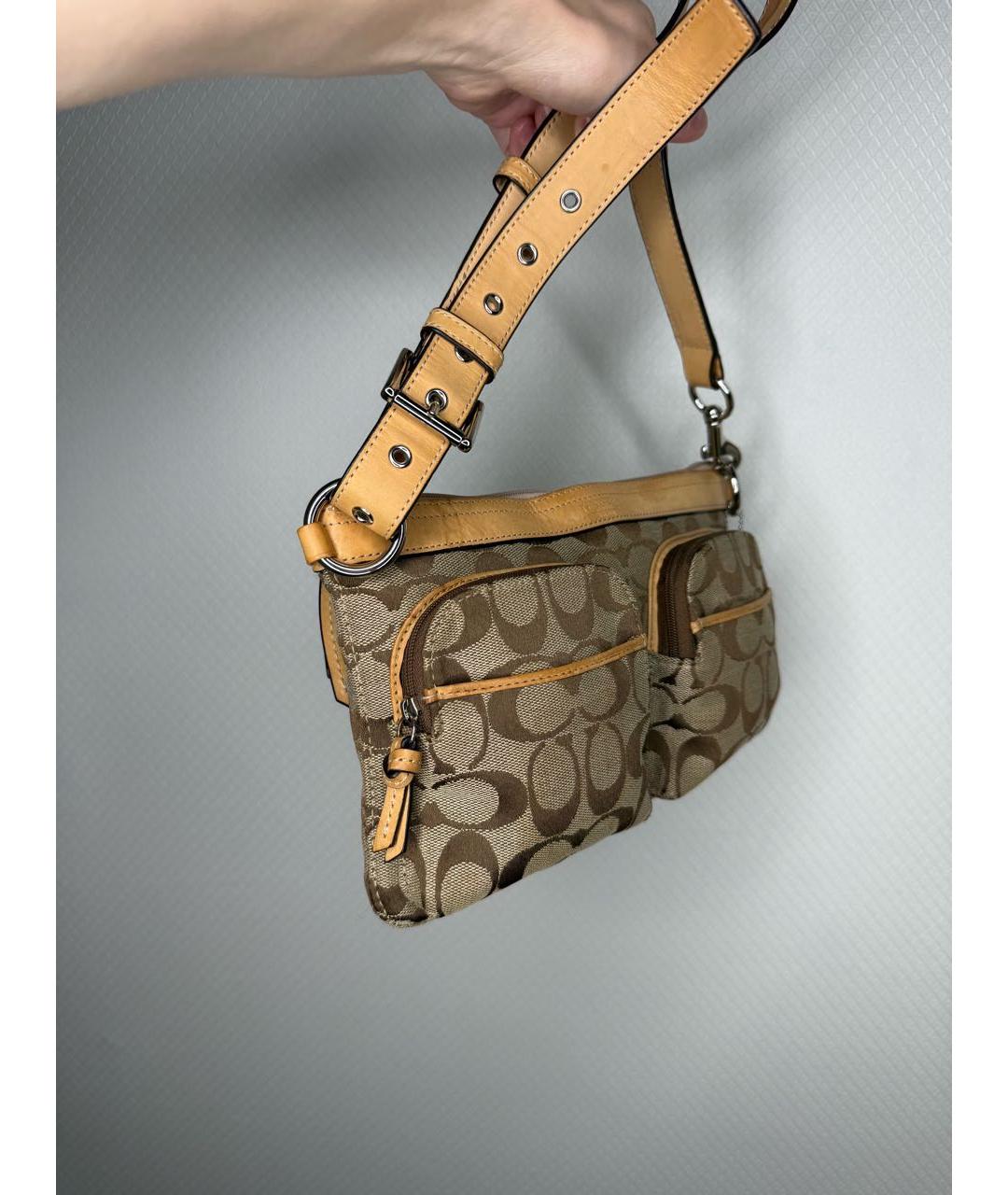 COACH Коричневая тканевая сумка с короткими ручками, фото 2