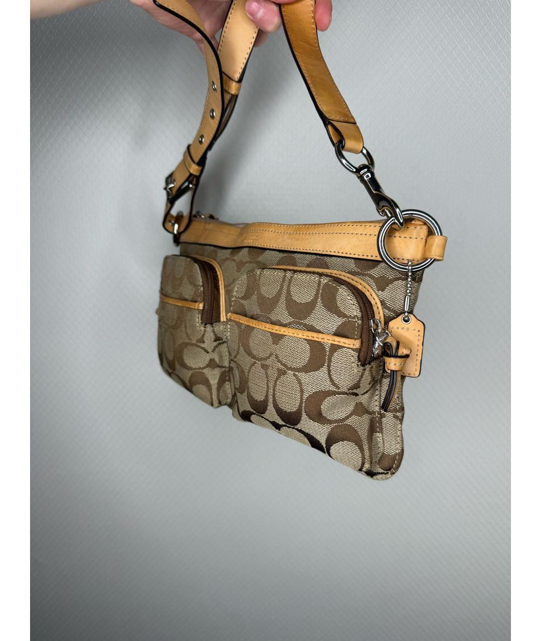 COACH Коричневая тканевая сумка с короткими ручками, фото 3