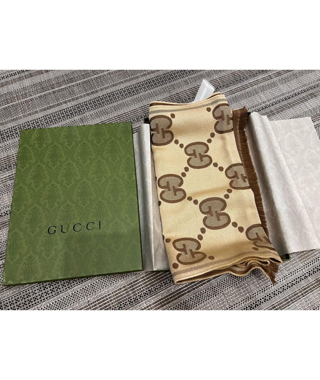 GUCCI Коричневый шерстяной шарф, фото 4