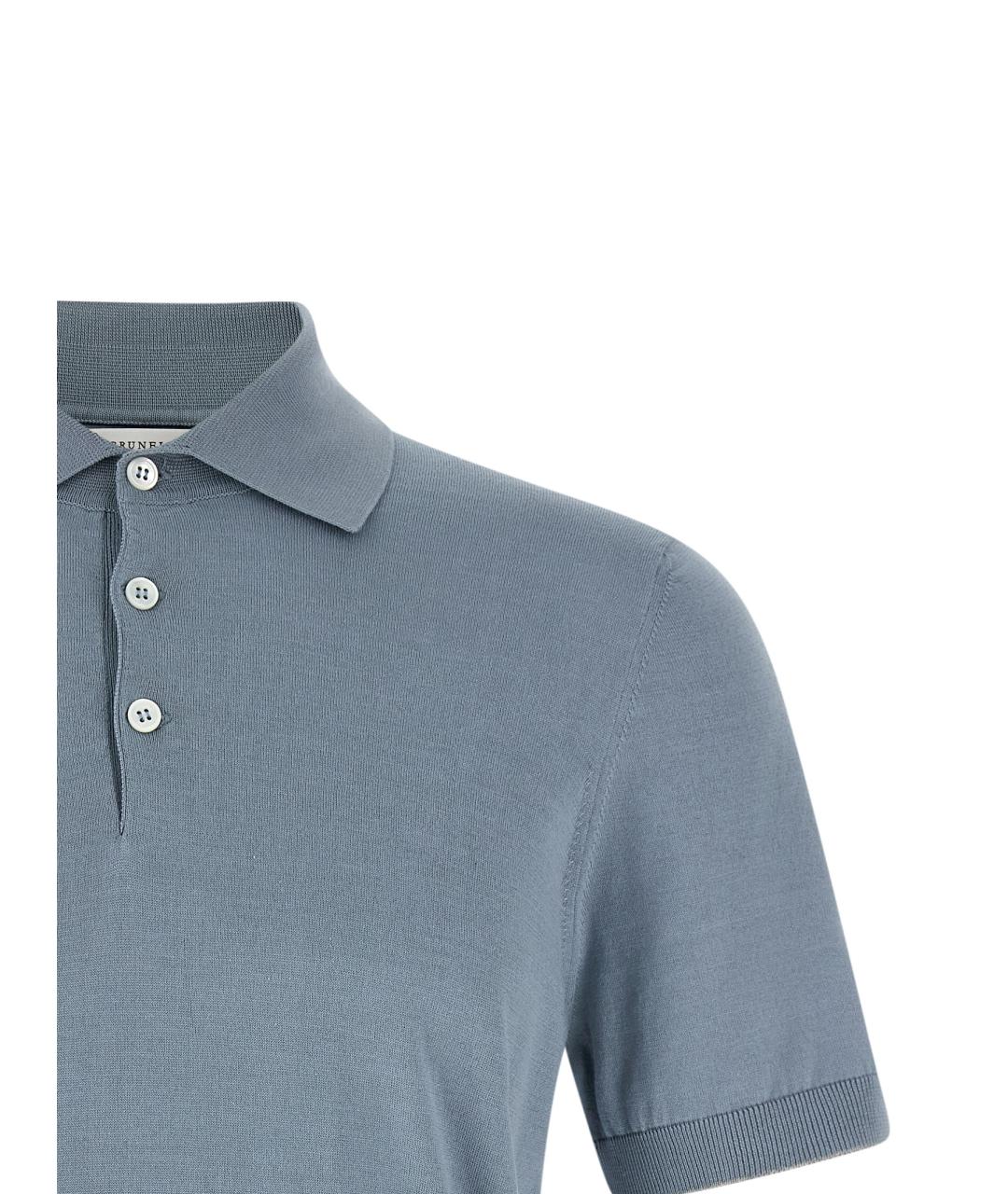 BRUNELLO CUCINELLI Голубое хлопковое поло с коротким рукавом, фото 3