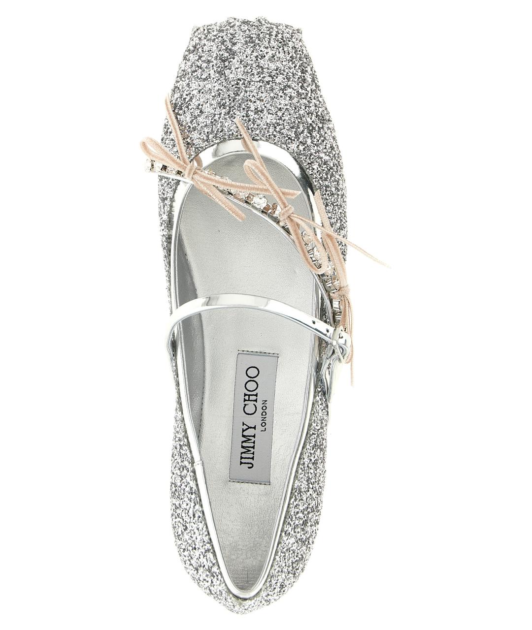 JIMMY CHOO Серебряные текстильные балетки, фото 4