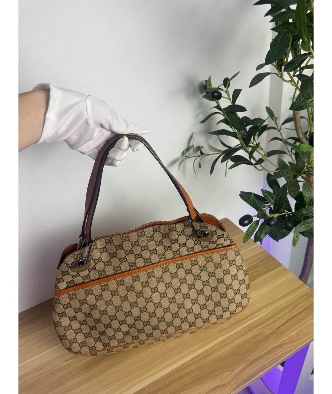 GUCCI Коричневая жаккардовая сумка с короткими ручками, фото 9