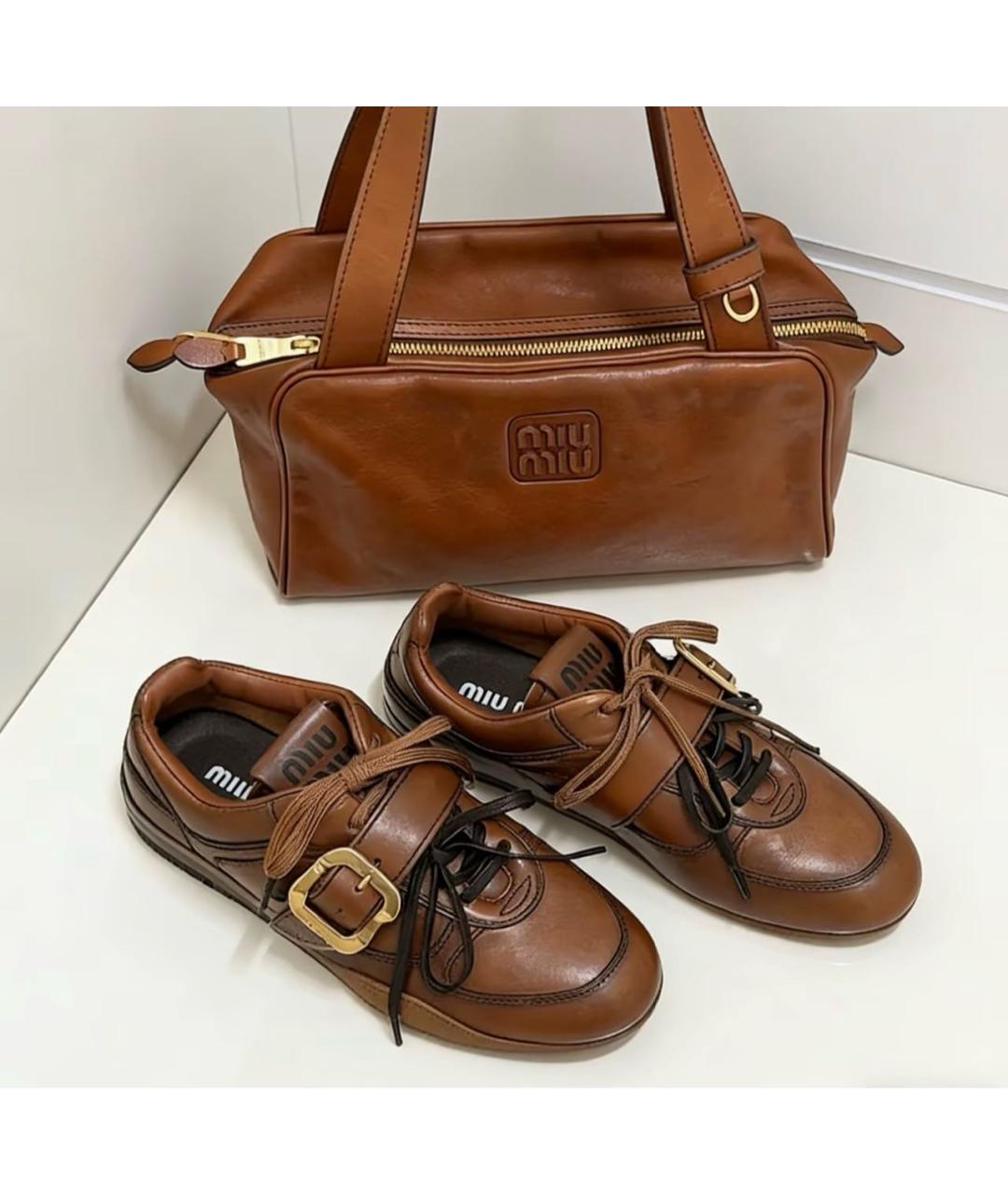 MIU MIU Коричневые кожаные кроссовки, фото 5