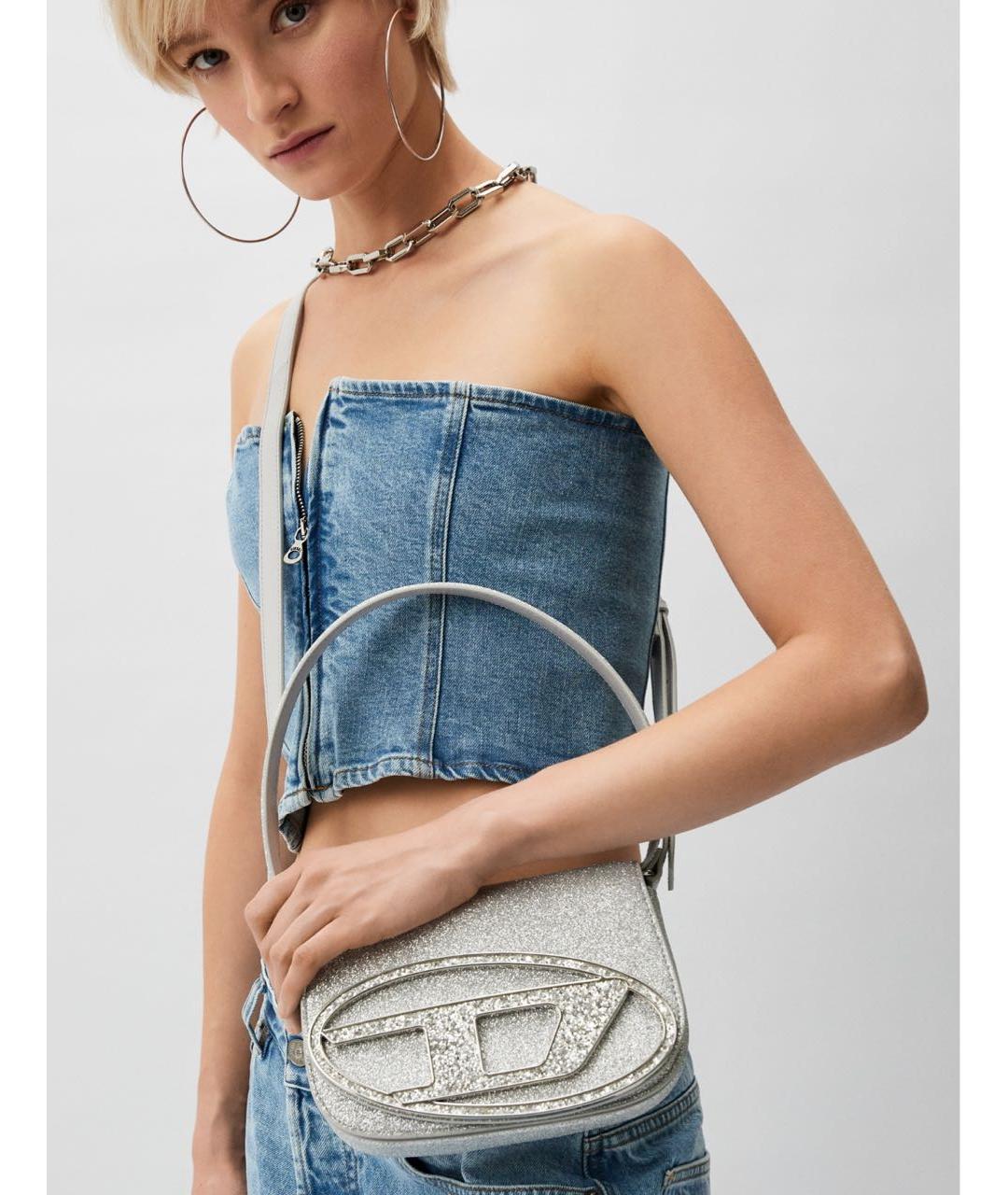 DIESEL Серебряная кожаная сумка с короткими ручками, фото 4