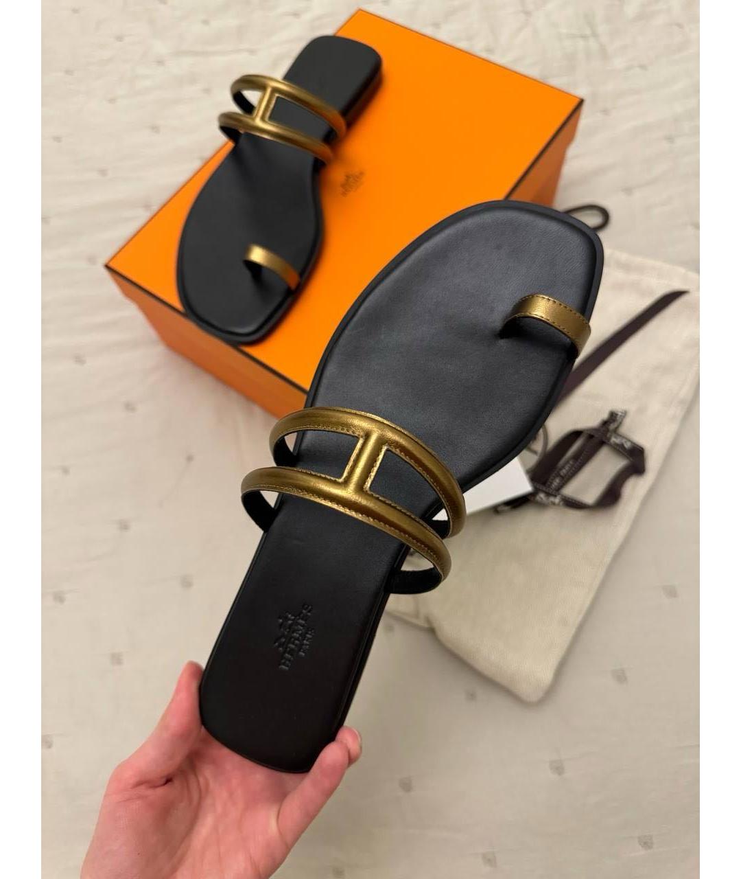 HERMES Золотые кожаные сандалии, фото 4