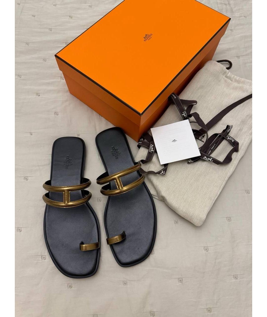 HERMES Золотые кожаные сандалии, фото 3