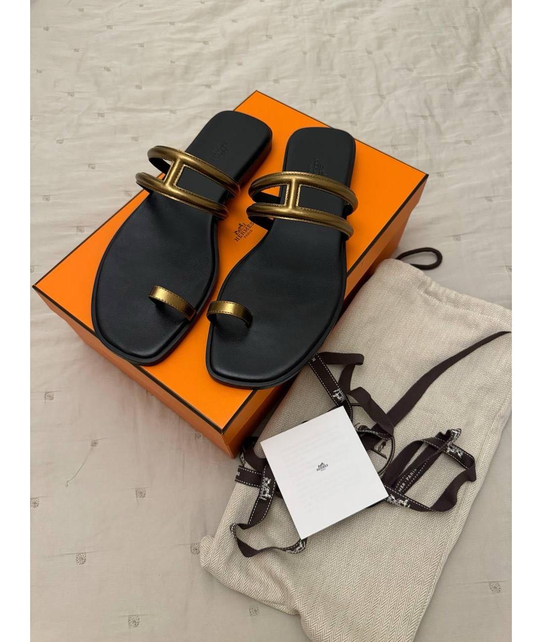HERMES Золотые кожаные сандалии, фото 2