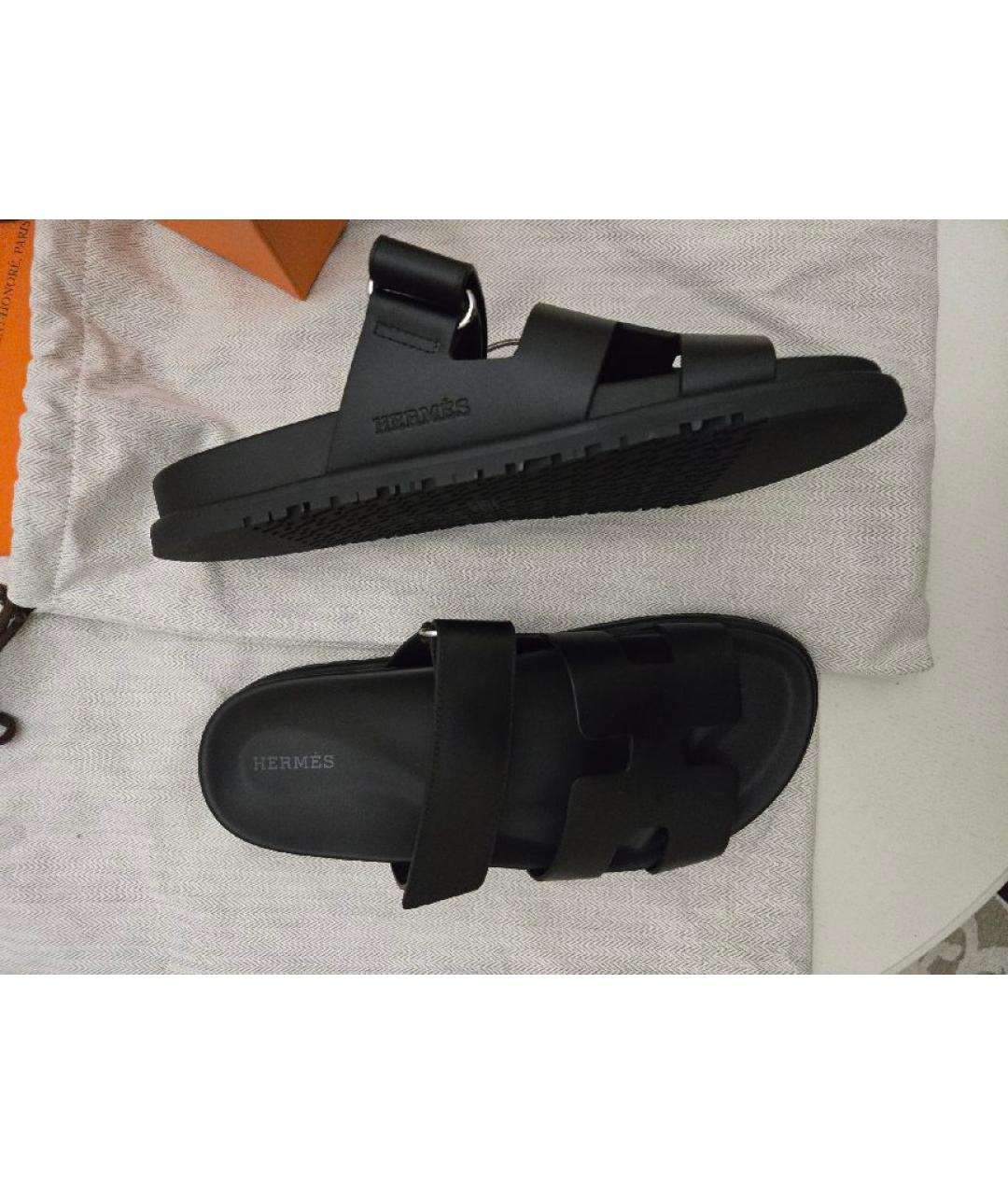 HERMES Черные кожаные шлепанцы, фото 9