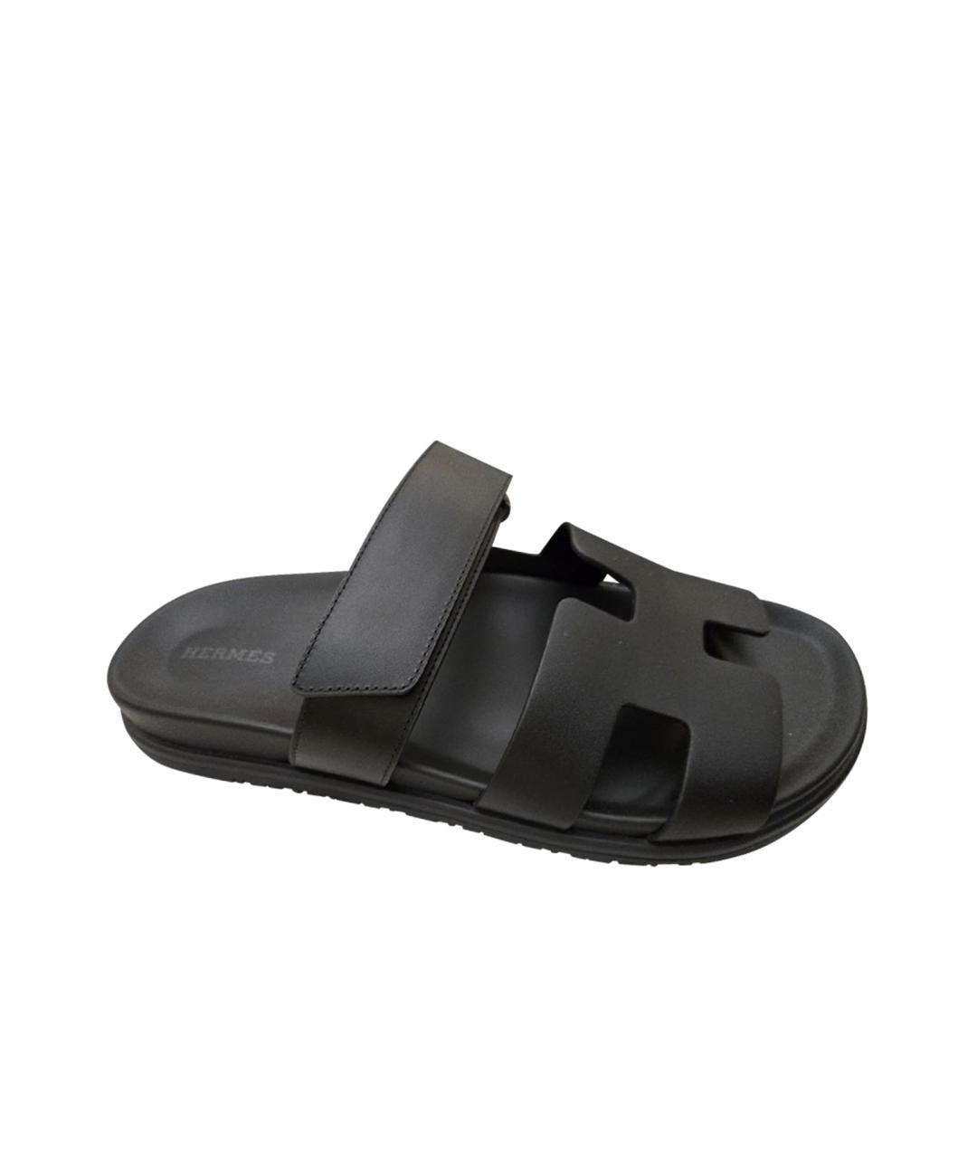 HERMES Черные кожаные шлепанцы, фото 1