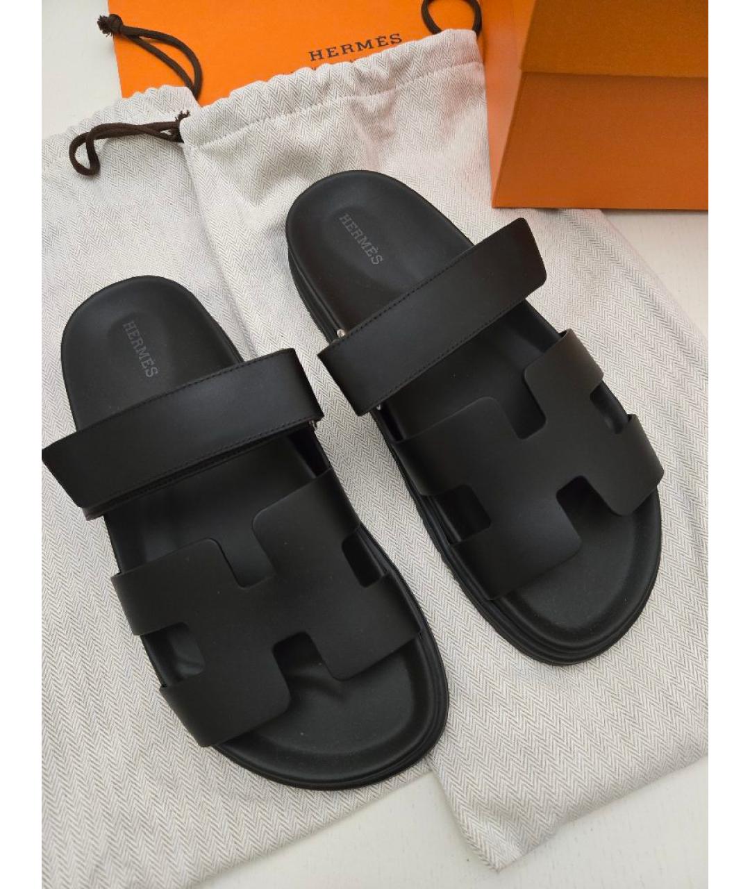 HERMES Черные кожаные шлепанцы, фото 4