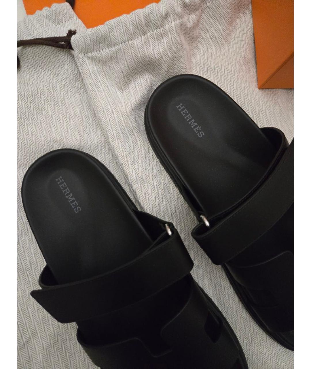 HERMES Черные кожаные шлепанцы, фото 5