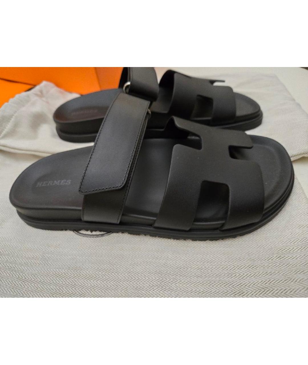 HERMES Черные кожаные шлепанцы, фото 10