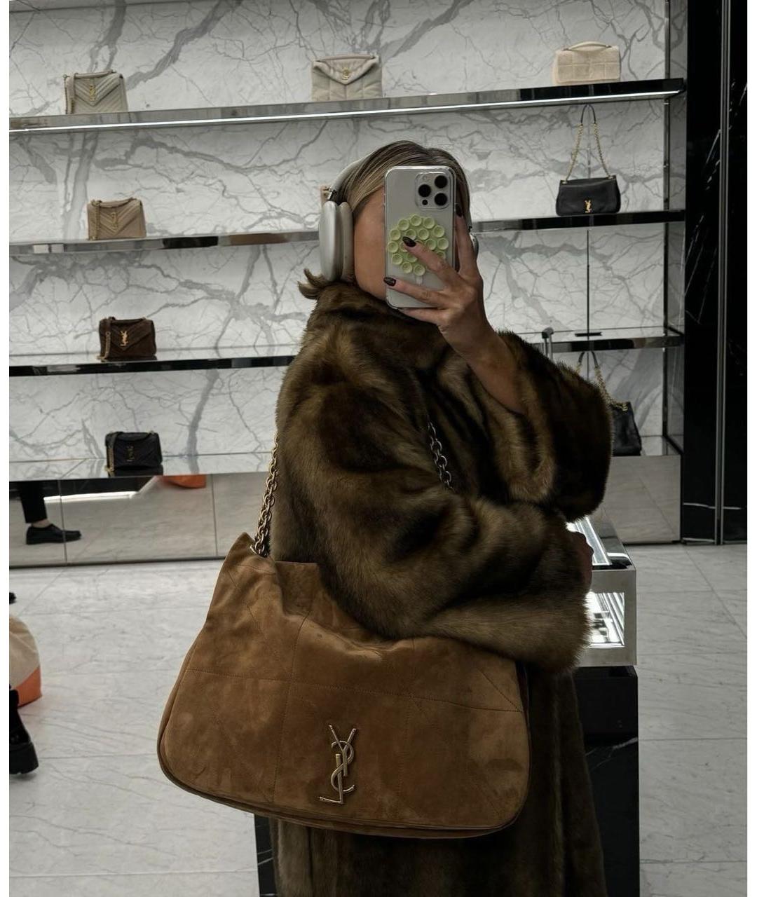 SAINT LAURENT Коричневая замшевая сумка с короткими ручками, фото 8