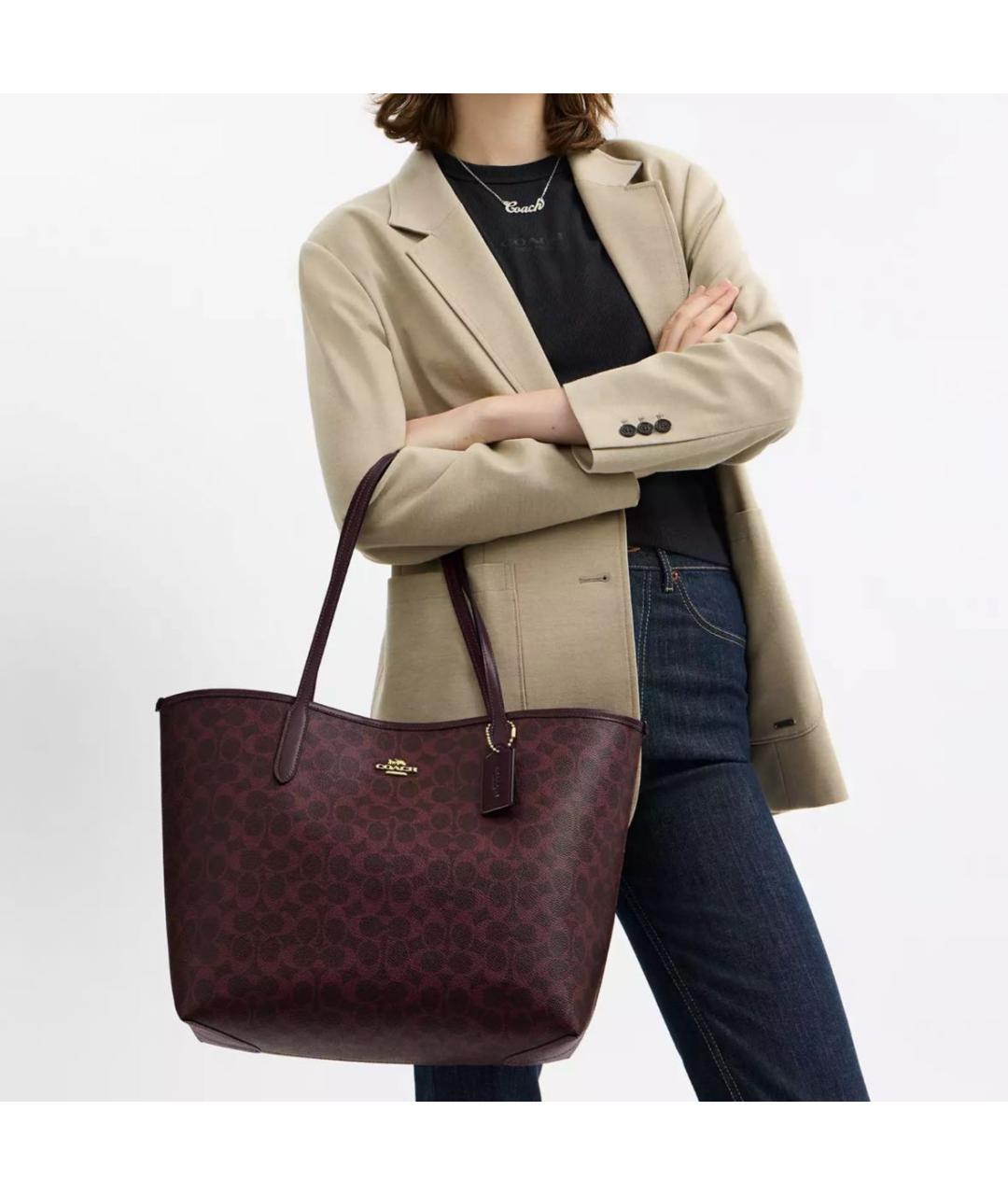 COACH Бордовая кожаная сумка с короткими ручками, фото 5