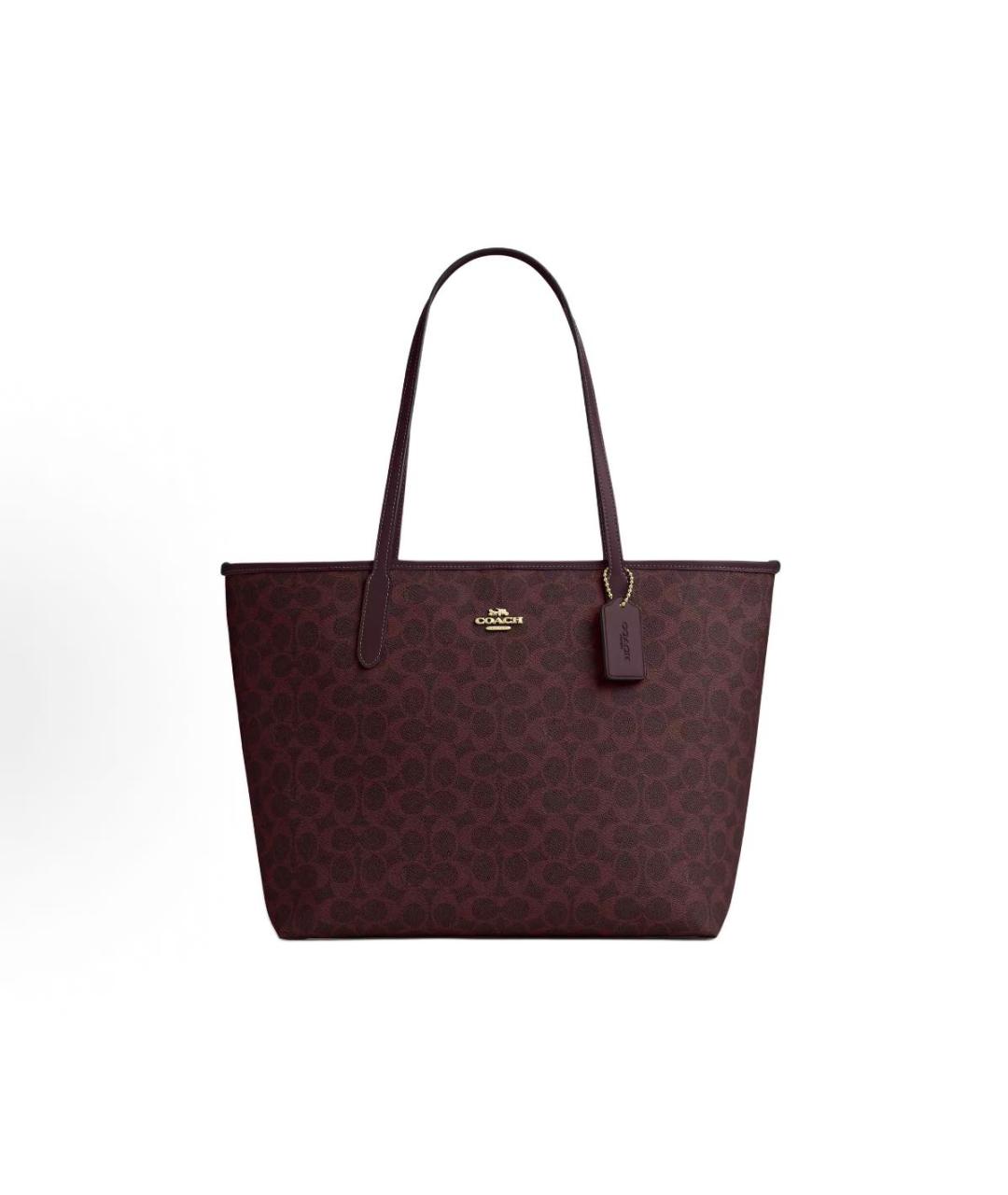 COACH Бордовая кожаная сумка с короткими ручками, фото 6