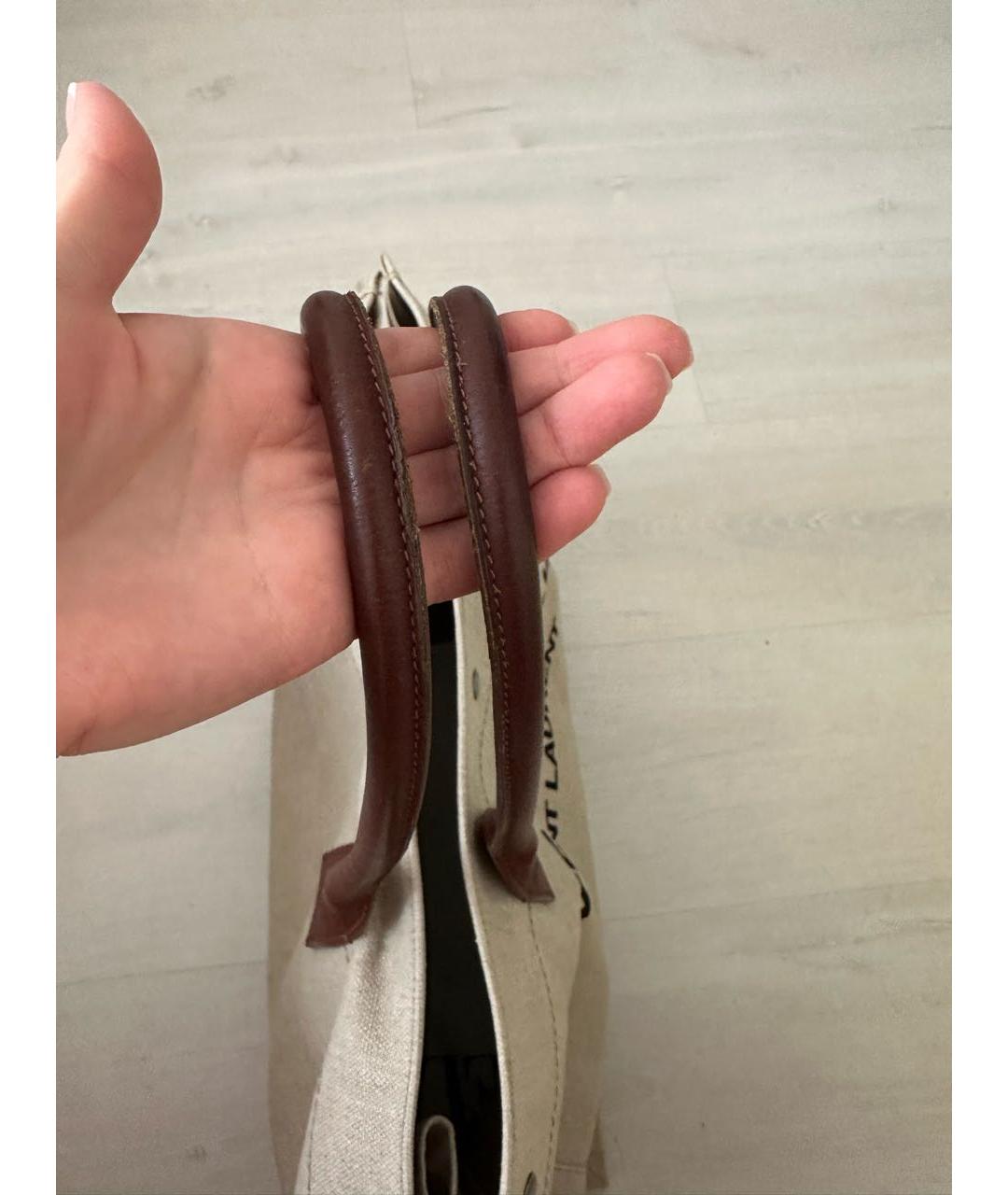 SAINT LAURENT Бежевая тканевая сумка с короткими ручками, фото 3