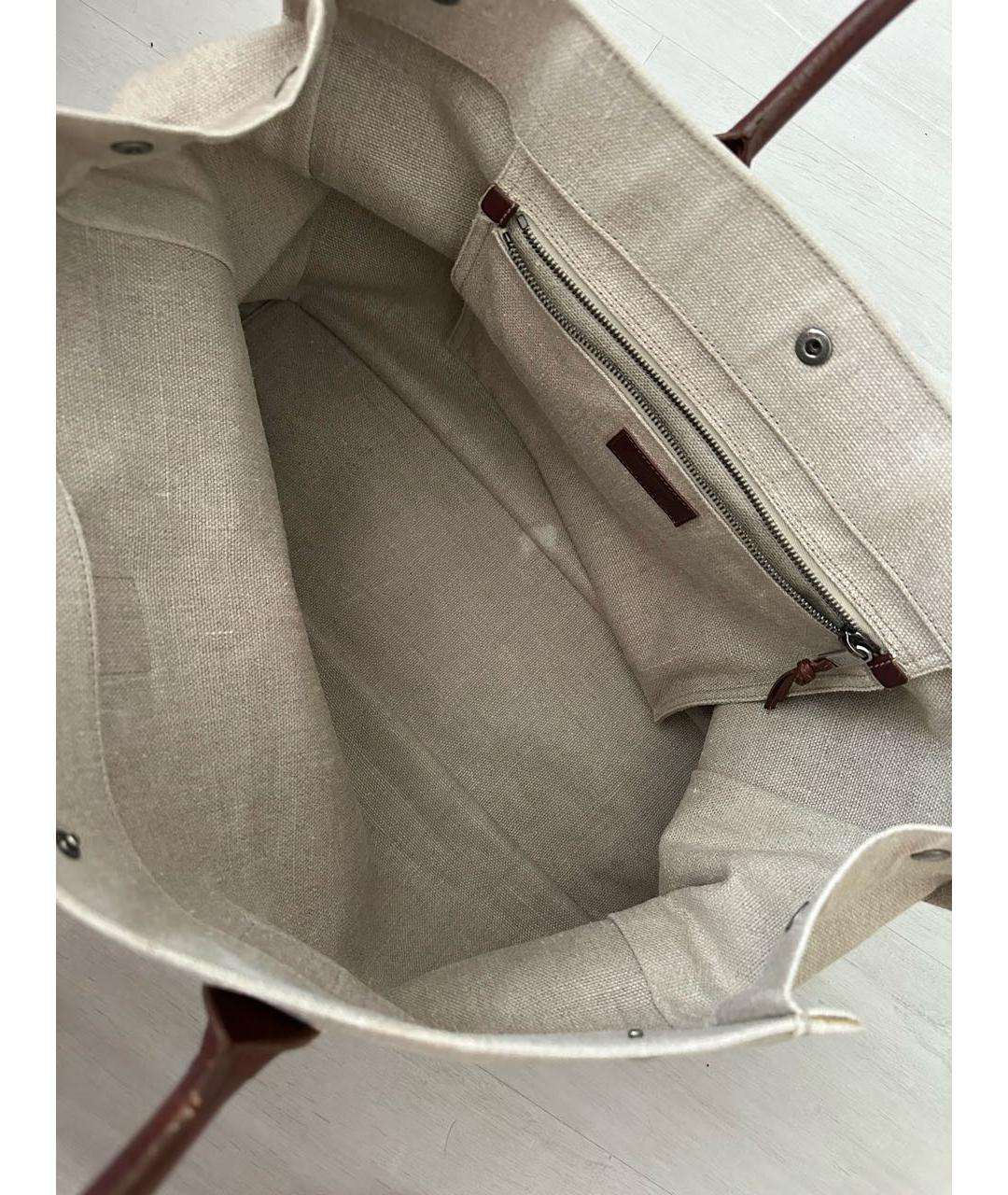 SAINT LAURENT Бежевая тканевая сумка с короткими ручками, фото 4