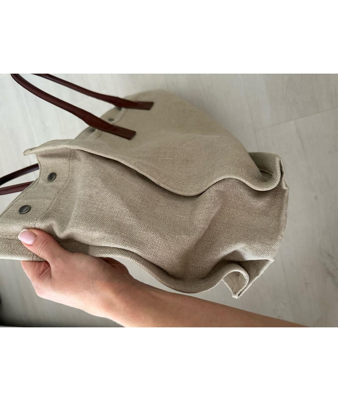 SAINT LAURENT Бежевая тканевая сумка с короткими ручками, фото 6