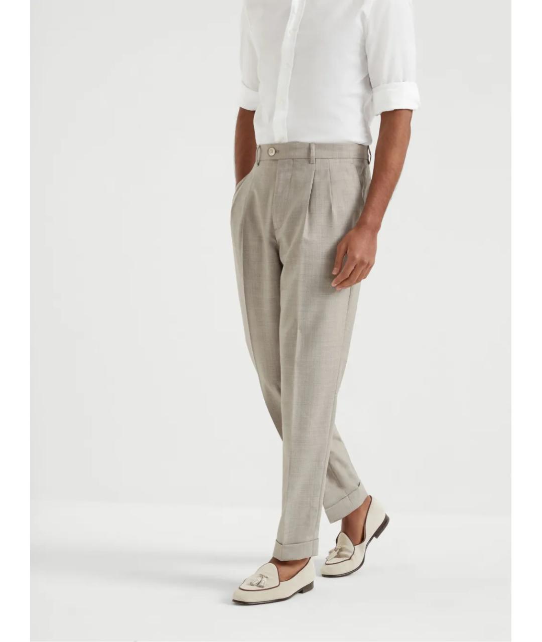 BRUNELLO CUCINELLI Бежевые шерстяные повседневные брюки, фото 2