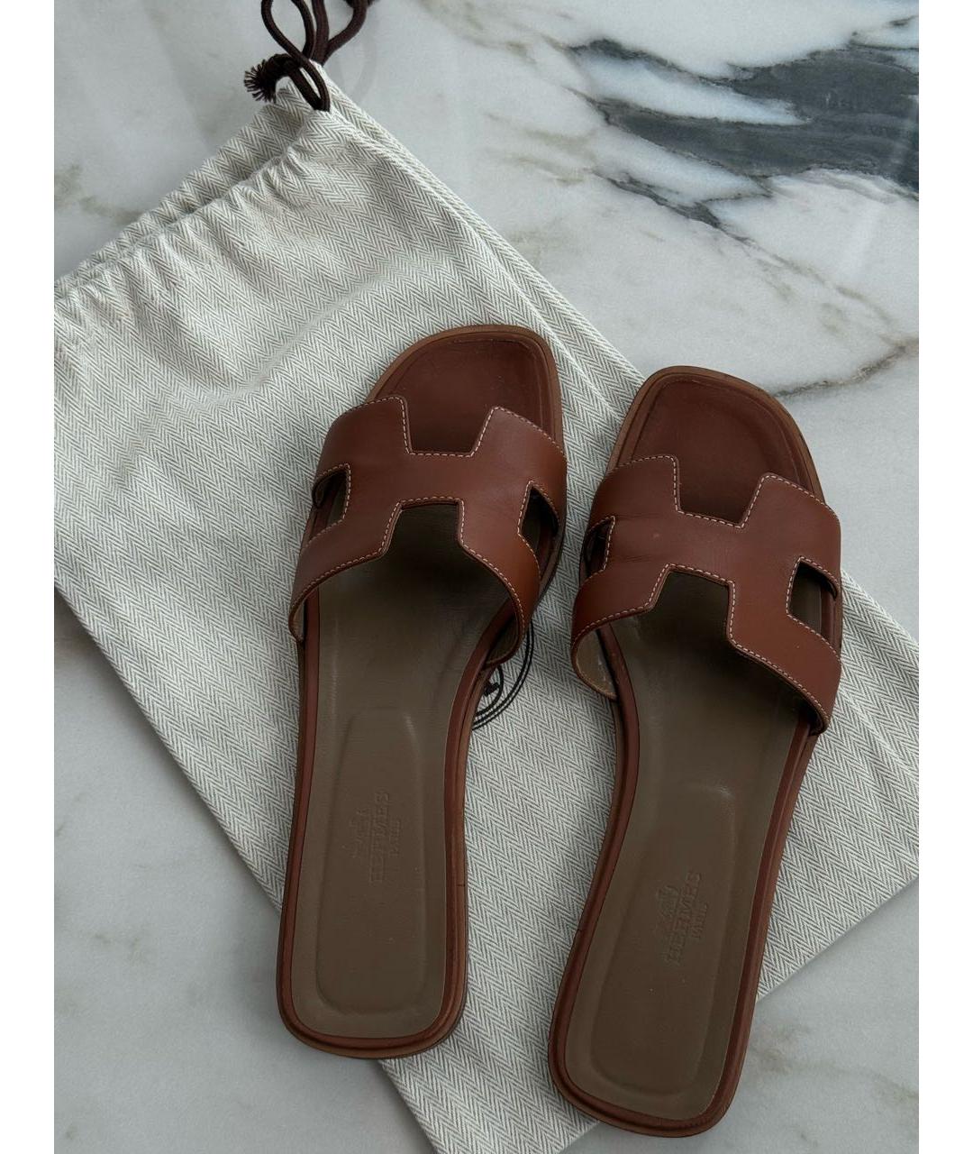 HERMES Коричневые кожаные шлепанцы, фото 2