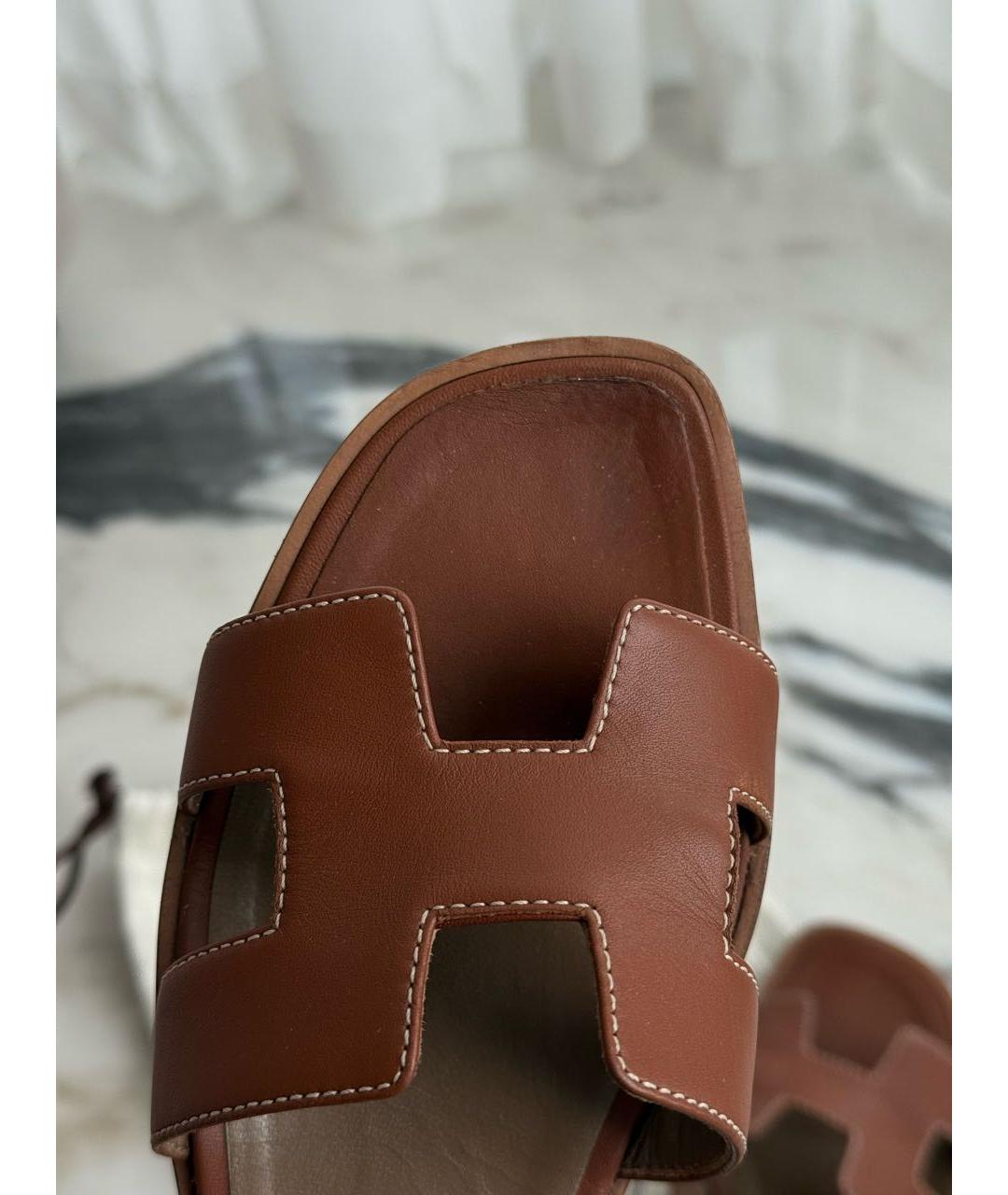 HERMES Коричневые кожаные шлепанцы, фото 3