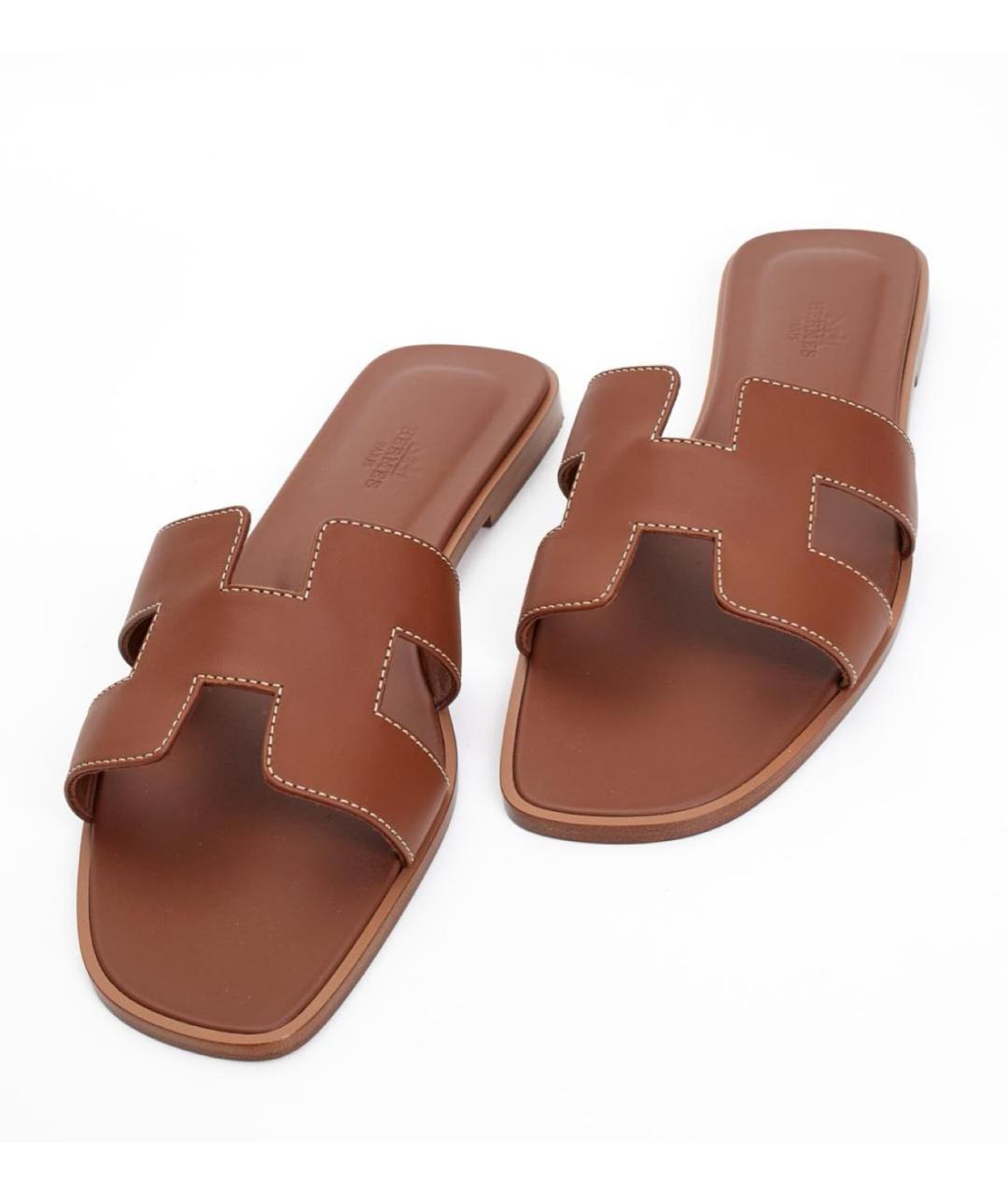 HERMES Коричневые кожаные шлепанцы, фото 6