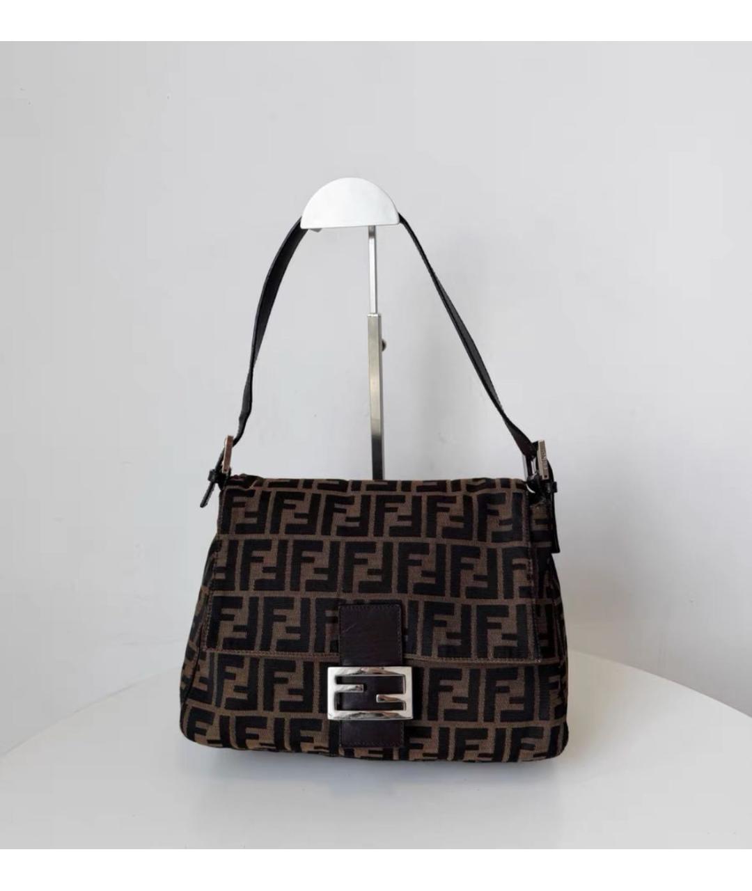 FENDI Коричневая тканевая сумка с короткими ручками, фото 2