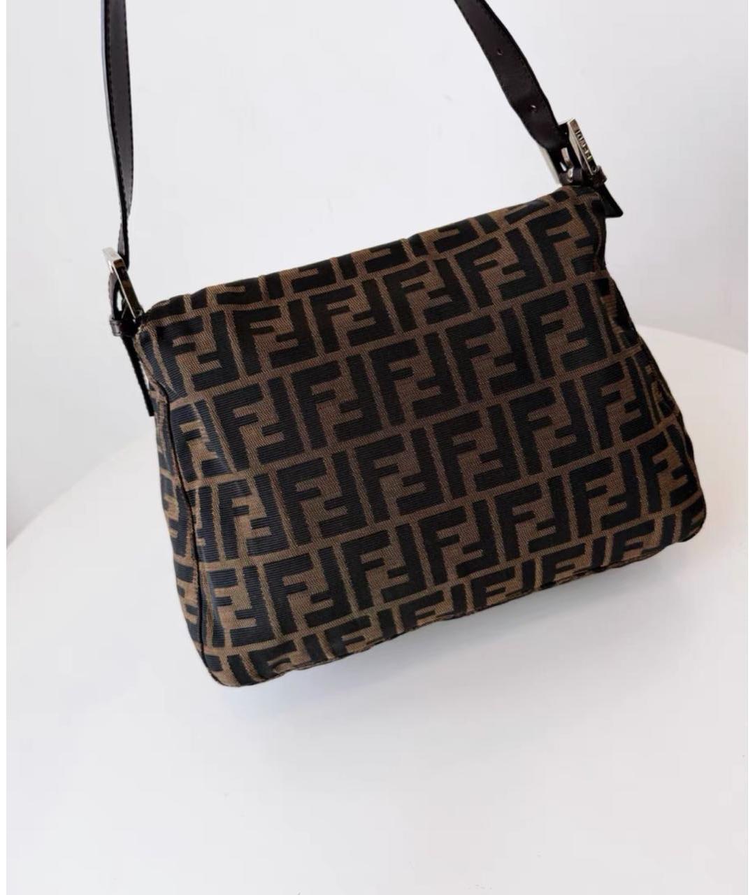 FENDI Коричневая тканевая сумка с короткими ручками, фото 3