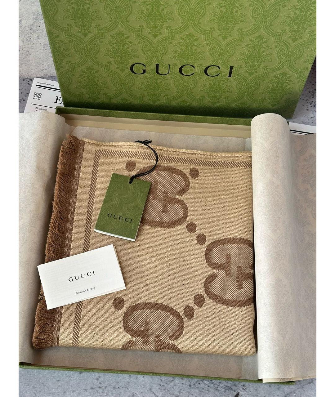 GUCCI Коричневый шерстяной шарф, фото 2